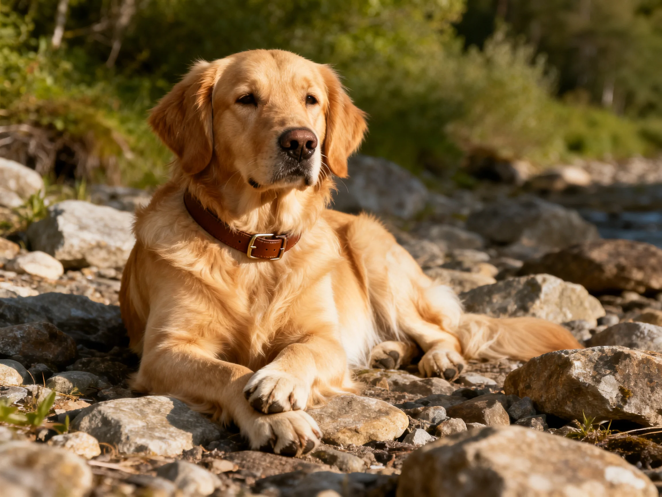 A golden retriever relaxes among rocks in an outdoor setting.