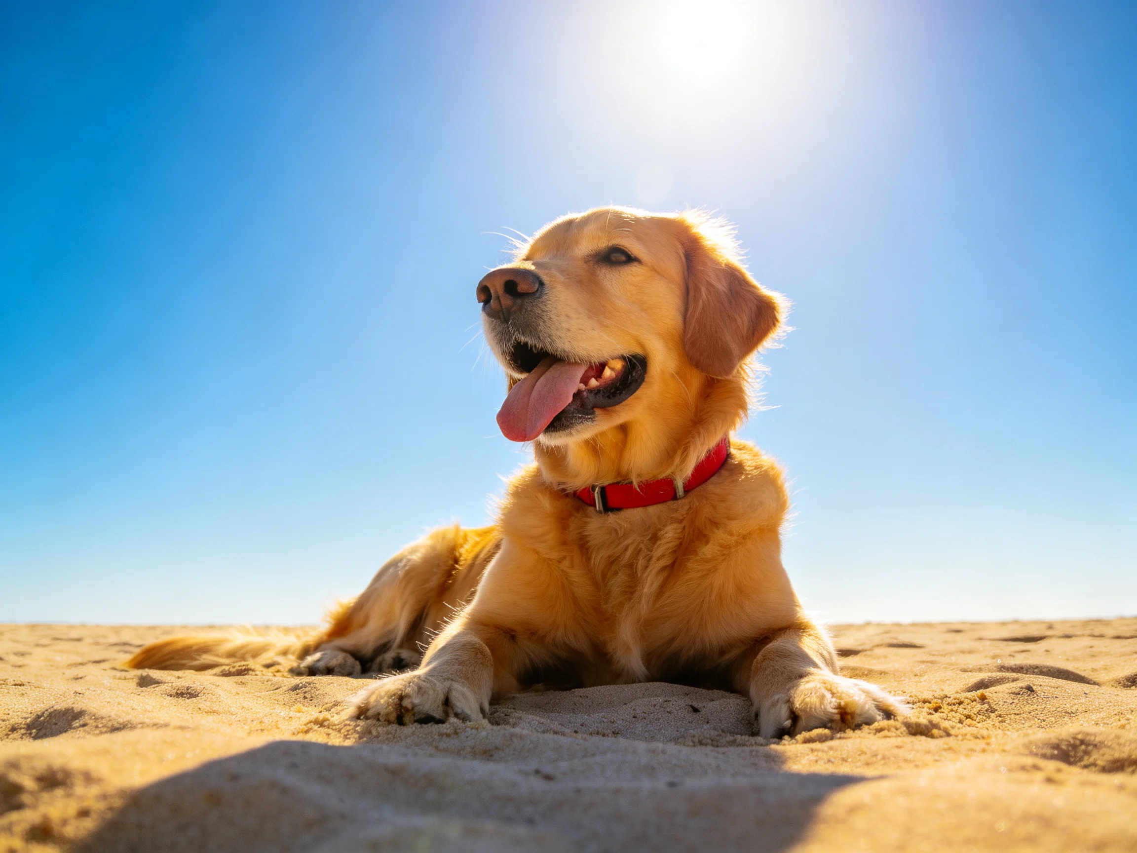 A golden retriever rests peacefully on a sandy beach beneath a clear blue sky.