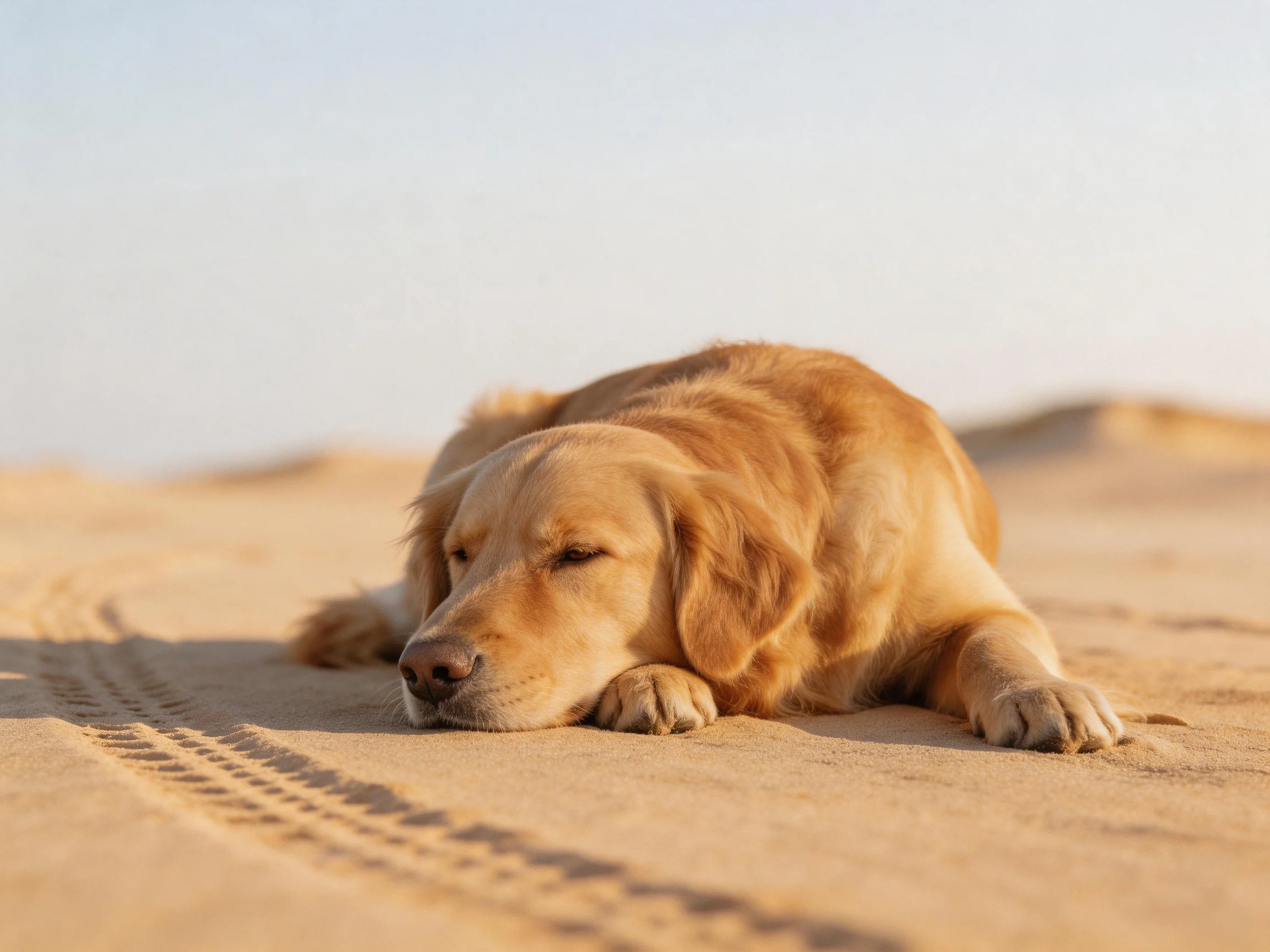 Golden retriever resting on sun-drenched sandy landscape