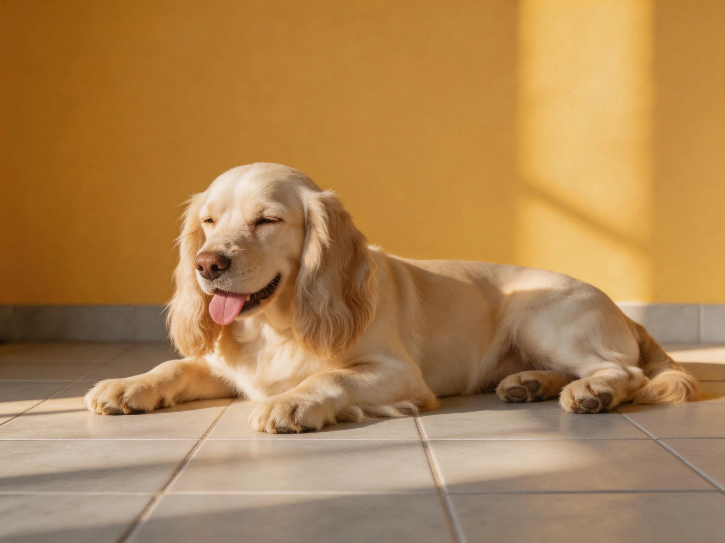 Golden retriever resting on tiled floor by a sunny yellow wall