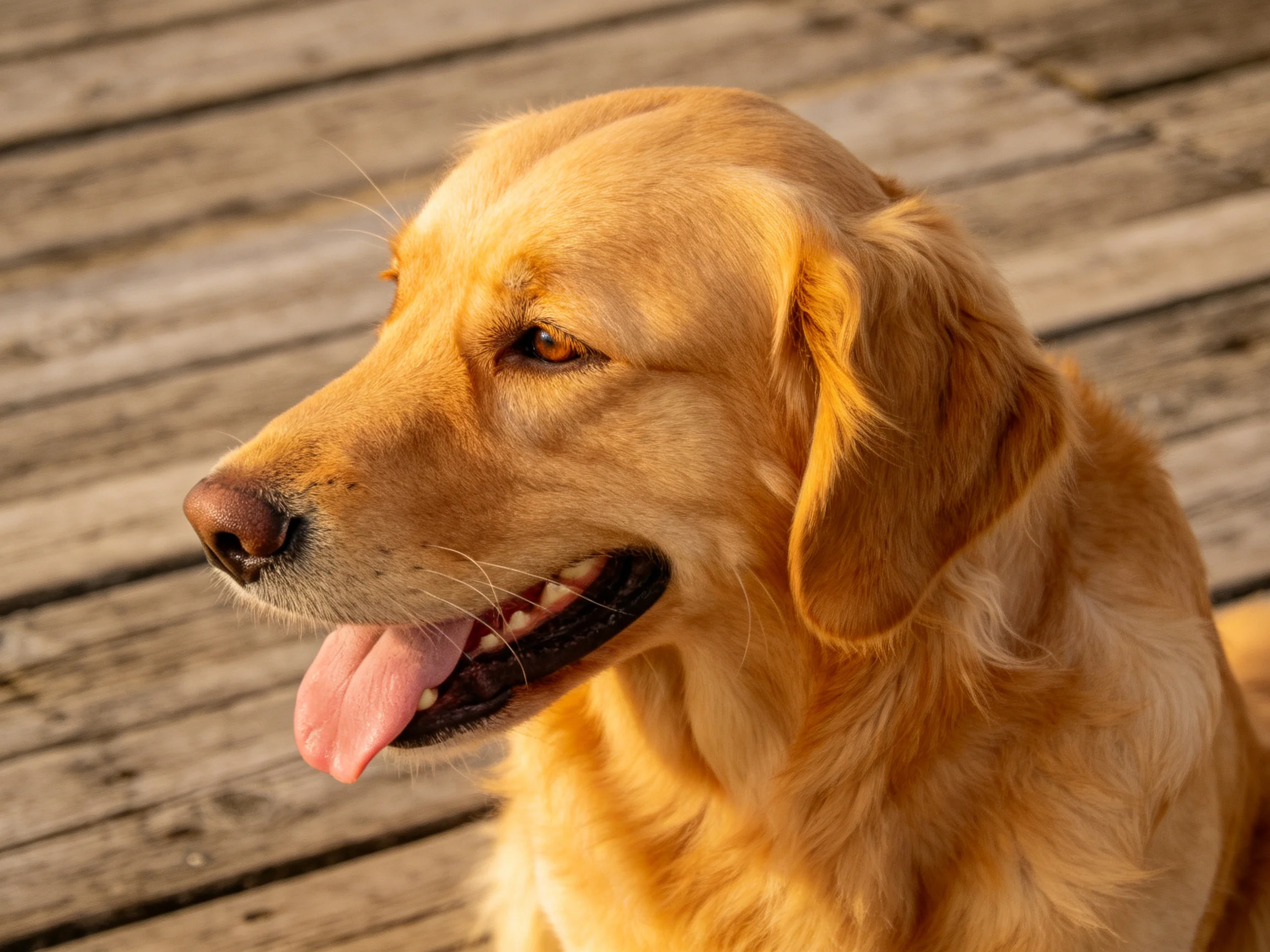 A golden retriever relaxes on wooden planks under sunlight.