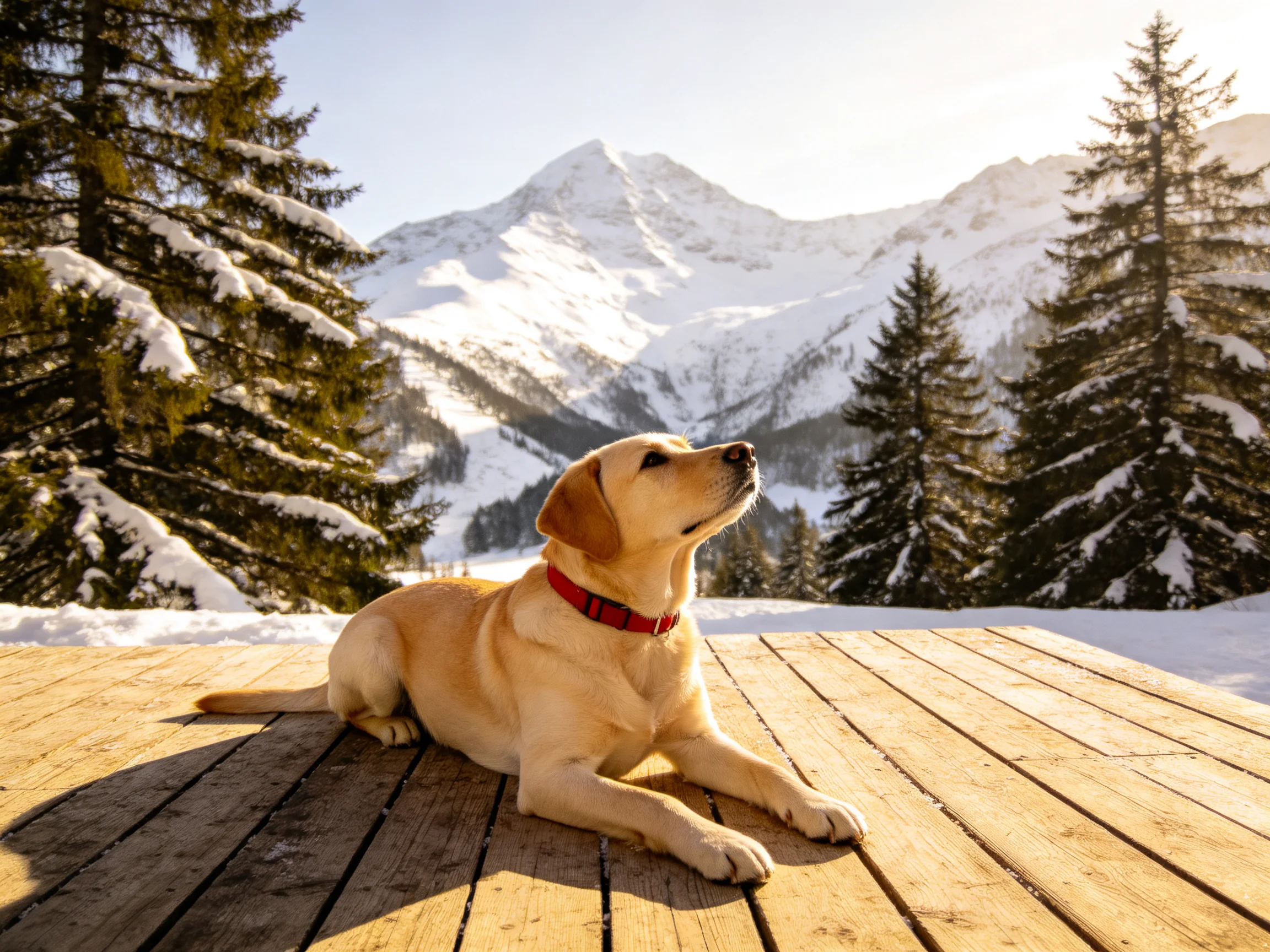 A golden retriever relaxes on a wooden deck amid snowy landscapes.