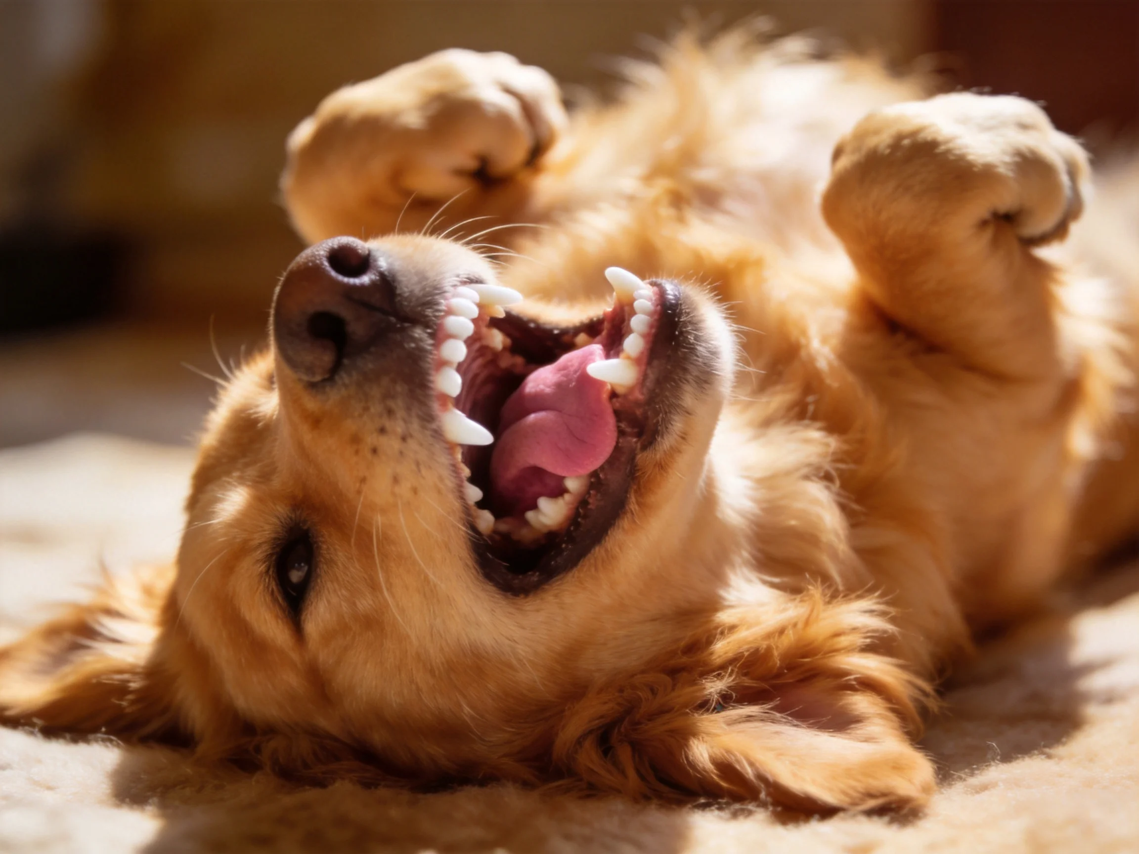 Golden retriever rolls joyfully on a soft carpet in warm sunlight