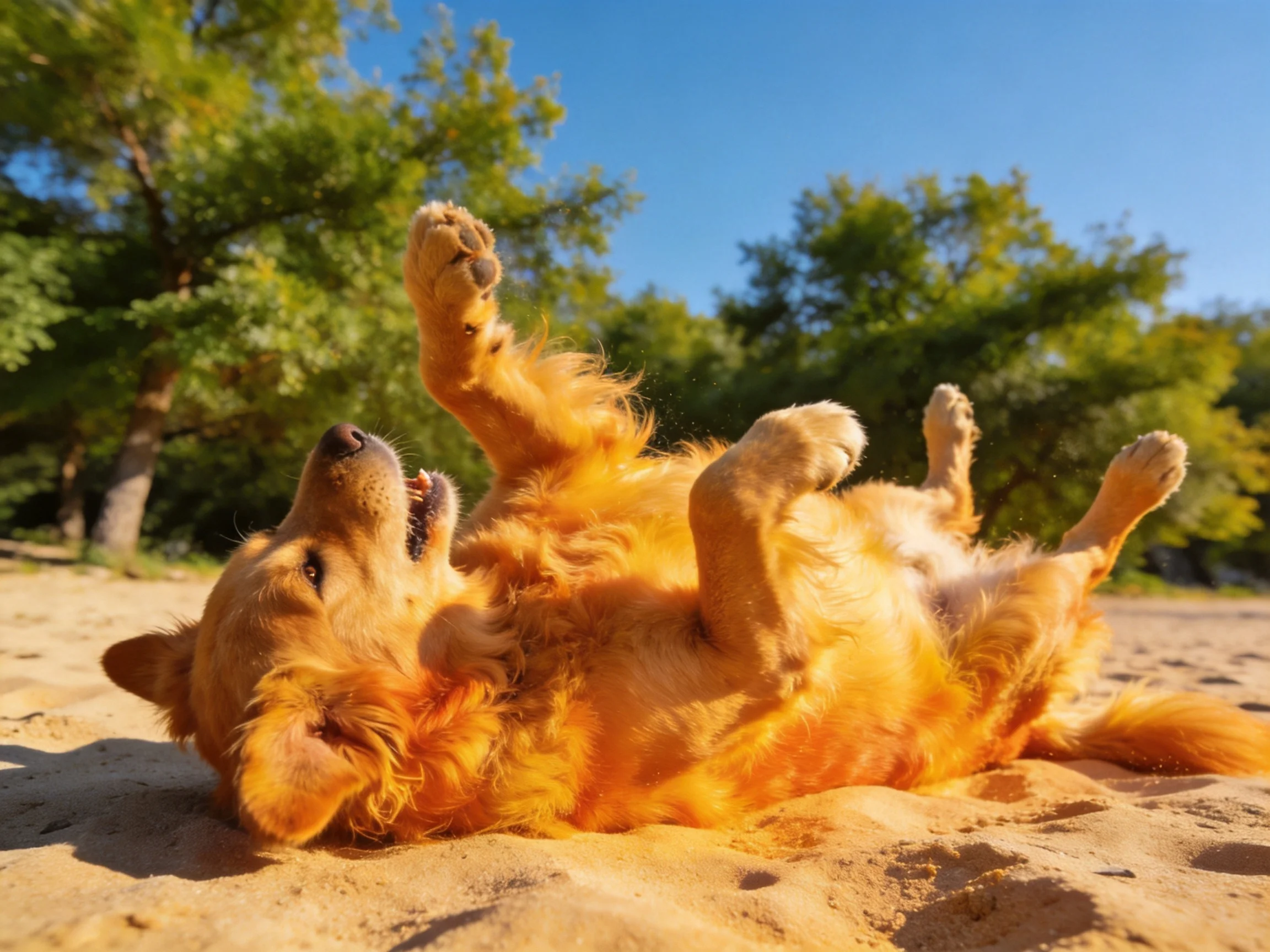 A golden retriever plays on sandy ground in a sunny outdoor setting.