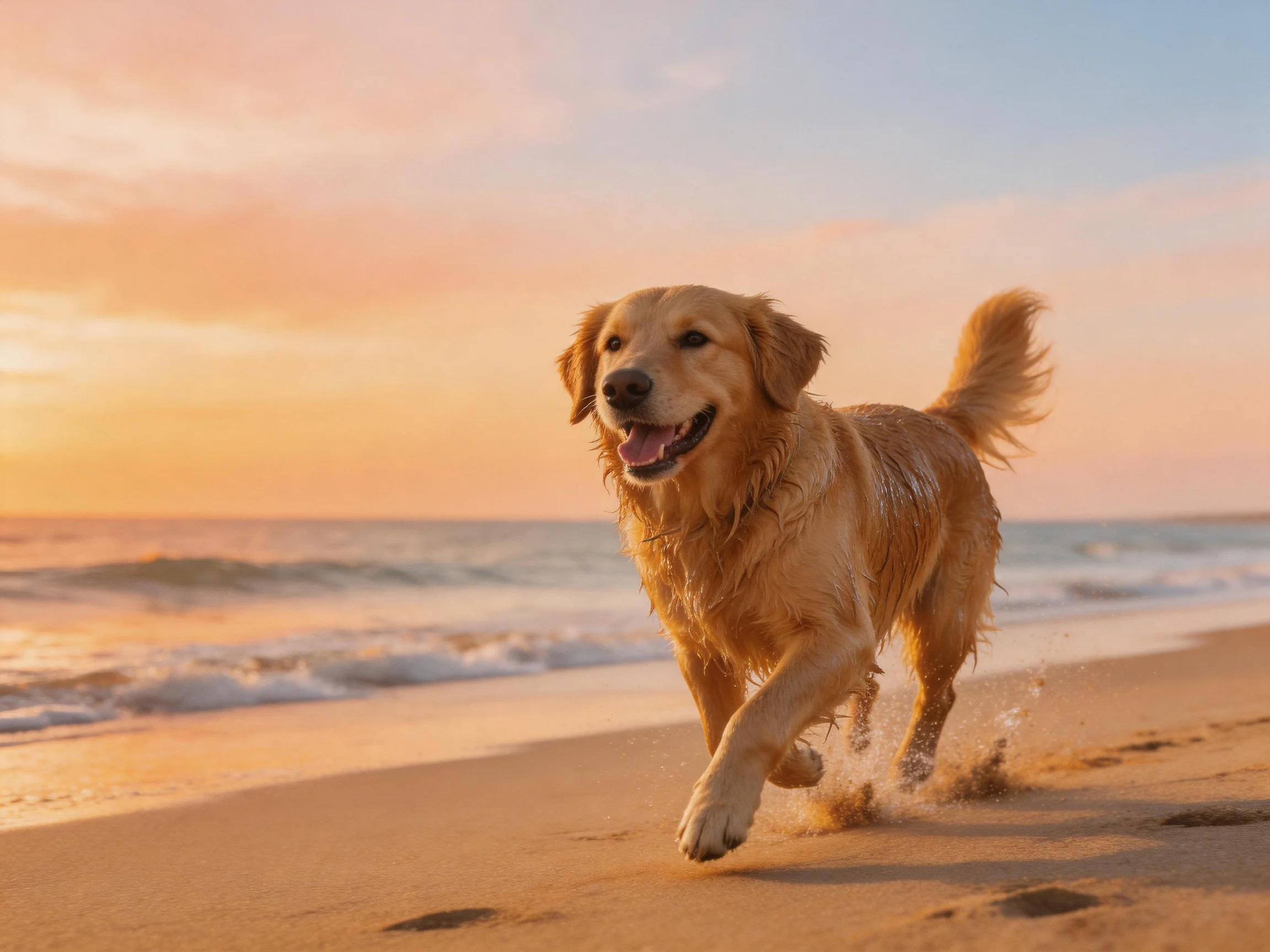 Golden retriever running joyfully on sandy beach at sunset