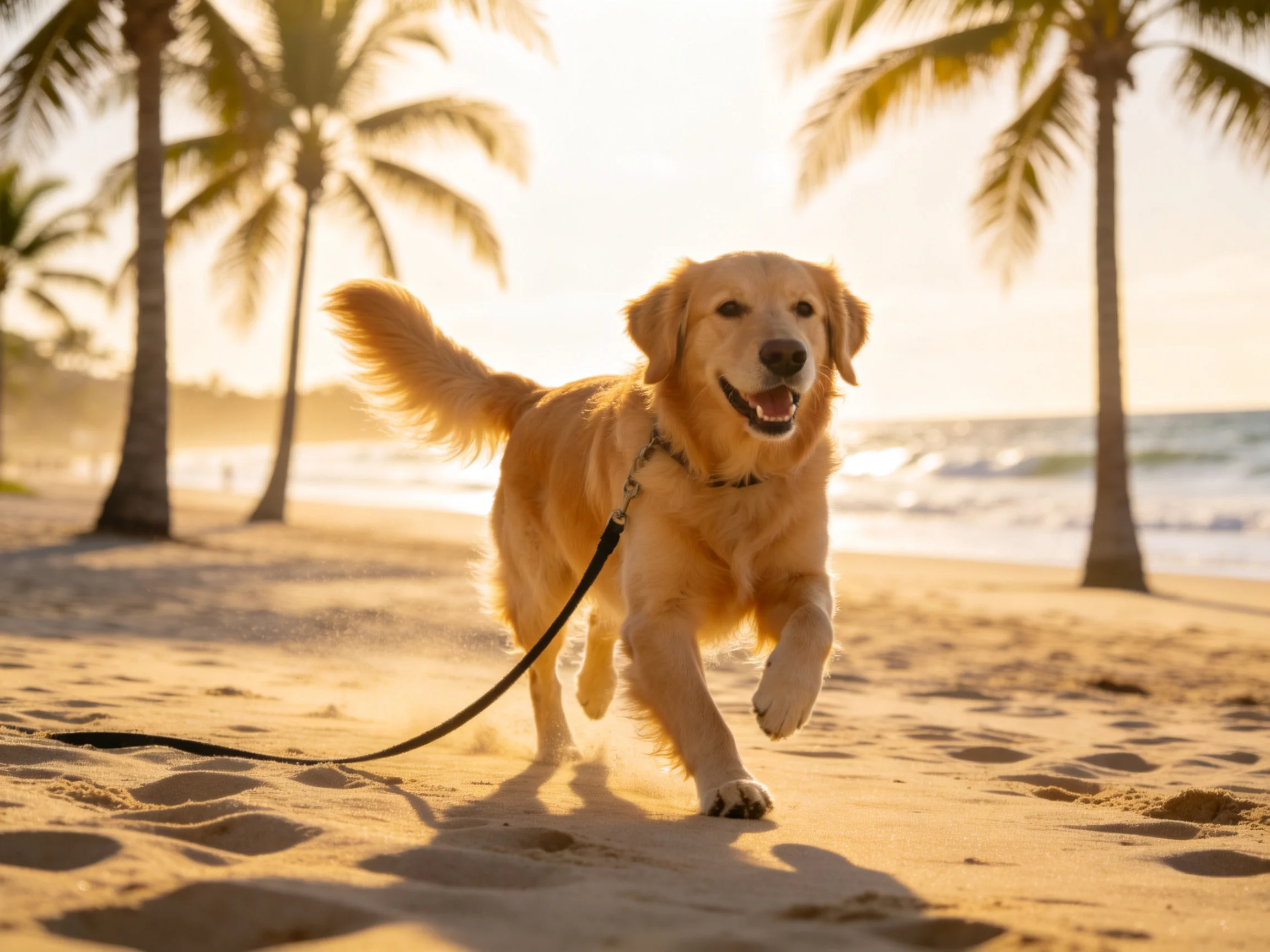 Golden retriever running on sandy beach near palm trees