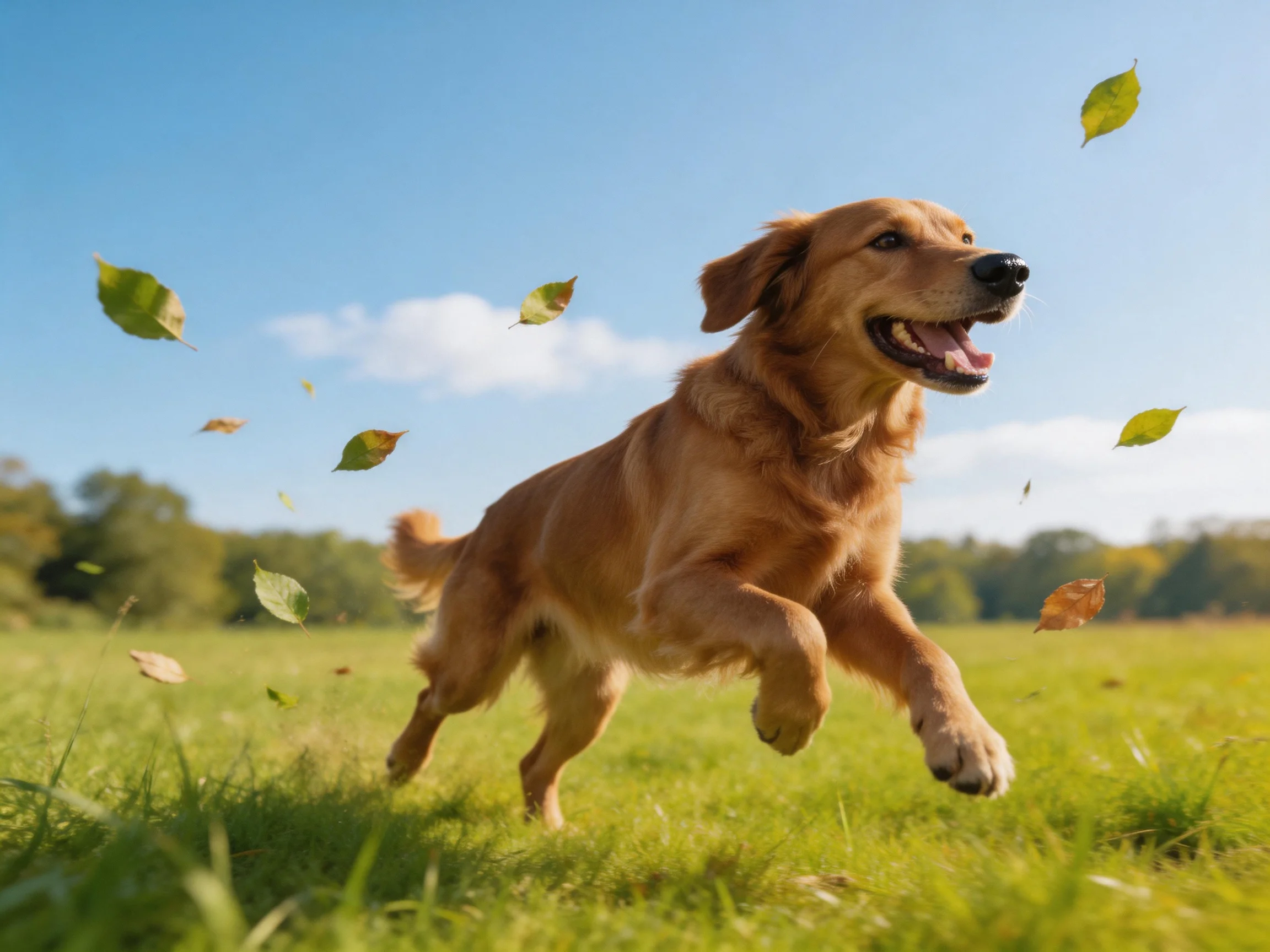 Golden retriever running through a grassy field with falling autumn leaves