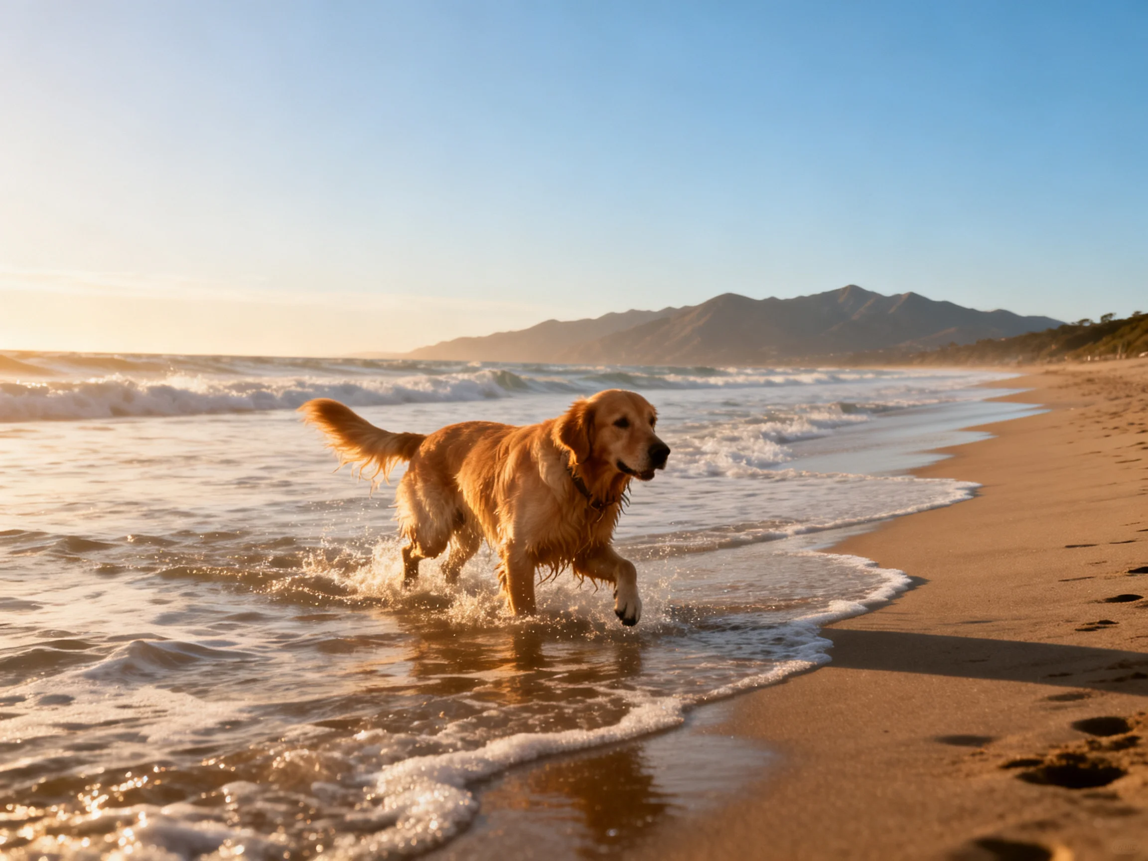 A golden retriever runs through shallow ocean water on a sandy beach.