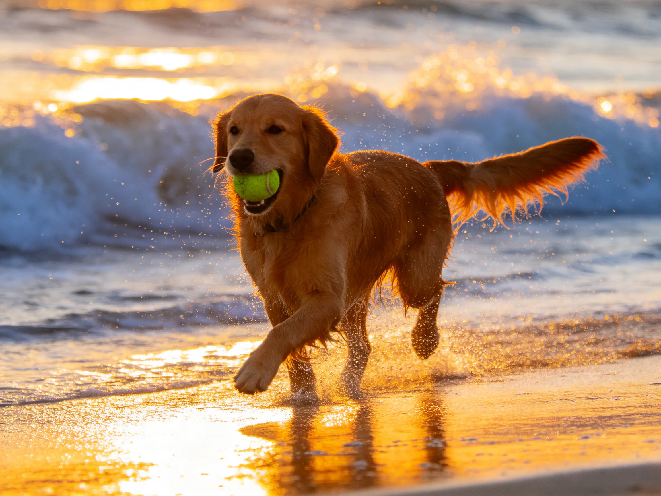 Golden retriever running with green tennis ball on sandy shore at sunset