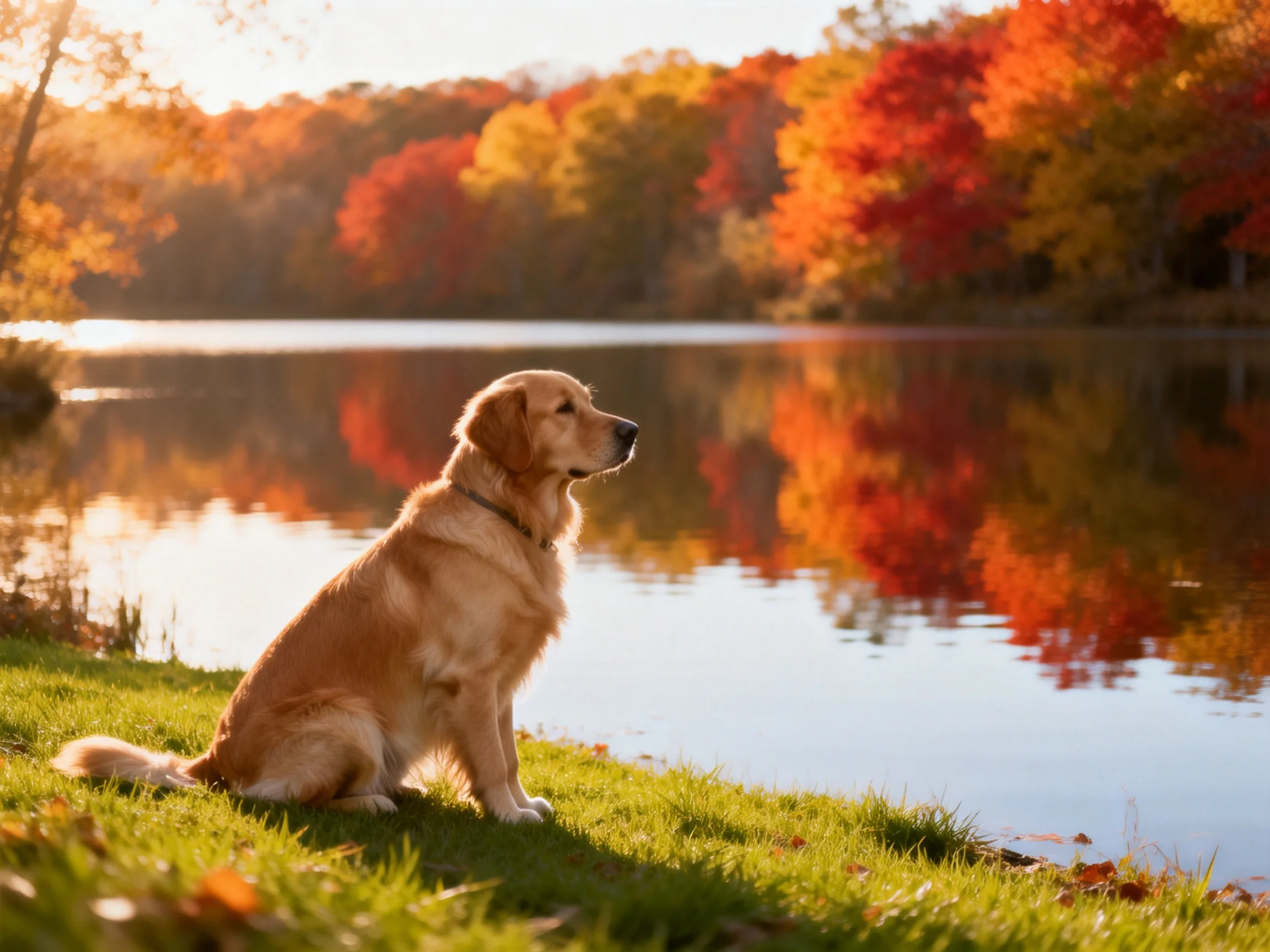A golden retriever sits peacefully near a calm lake with colorful autumn trees.