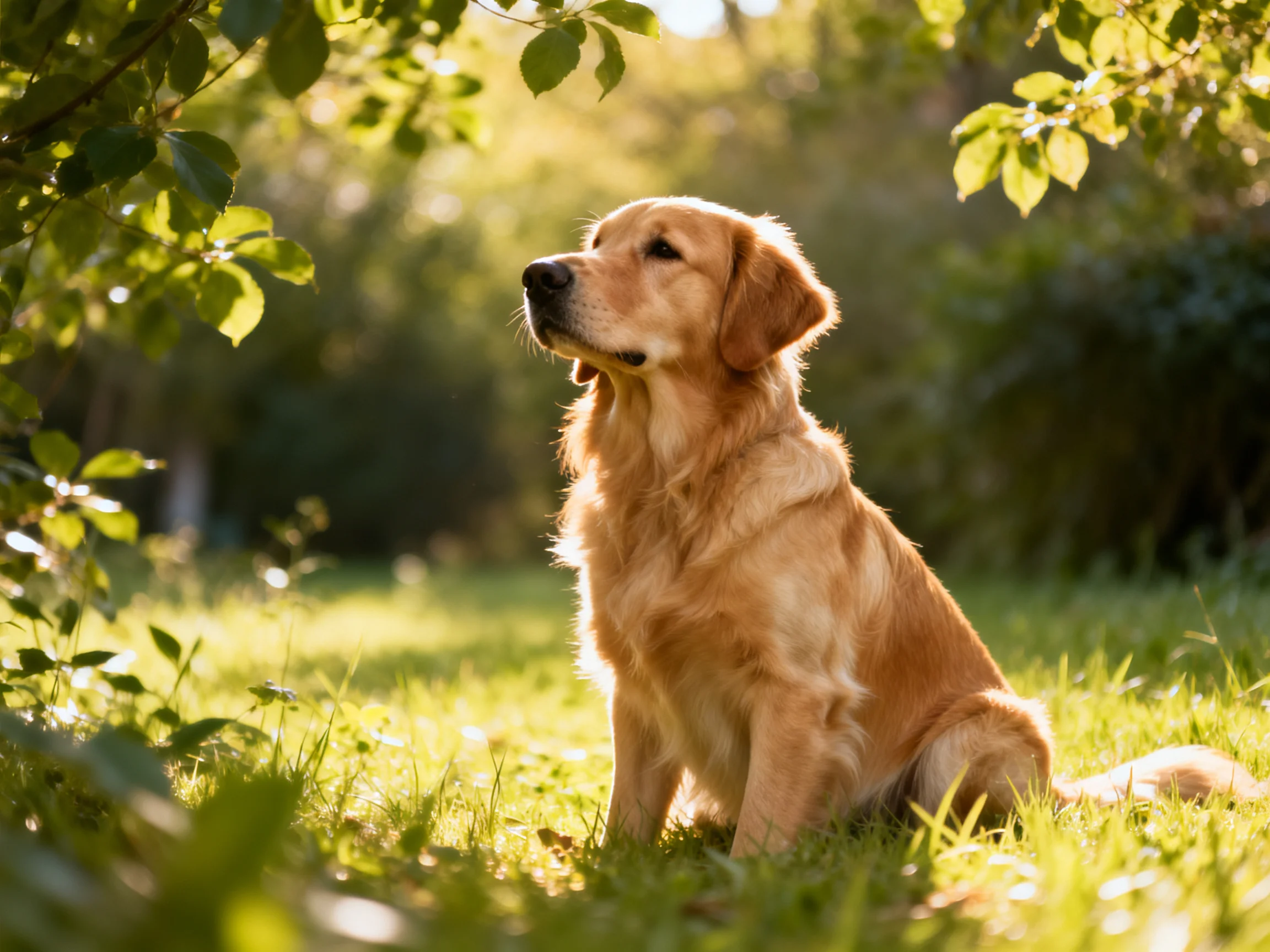Golden retriever sits in a sun-dappled green meadow