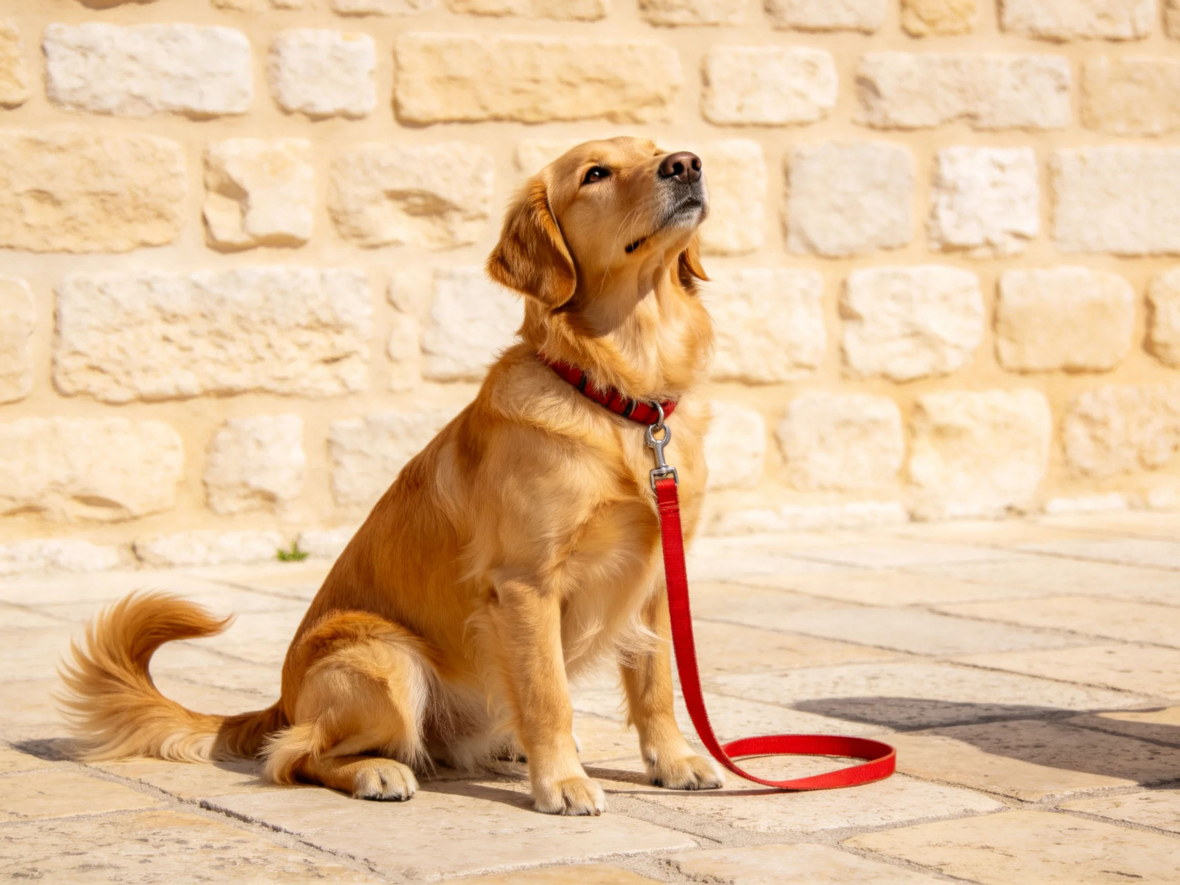 Golden retriever sits near stone wall with red leash