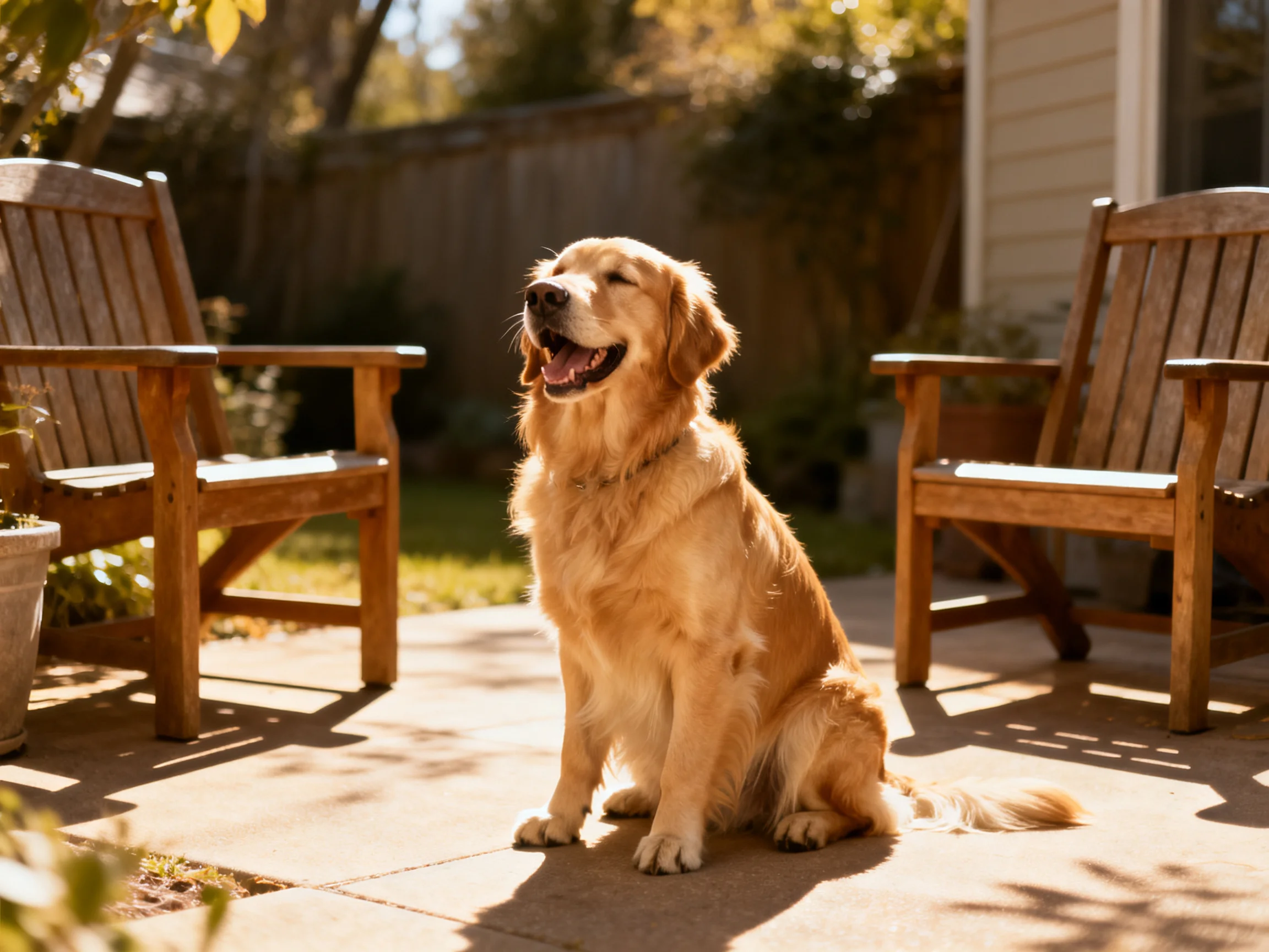 A golden retriever sits peacefully between two wooden chairs in a sunlit backyard.