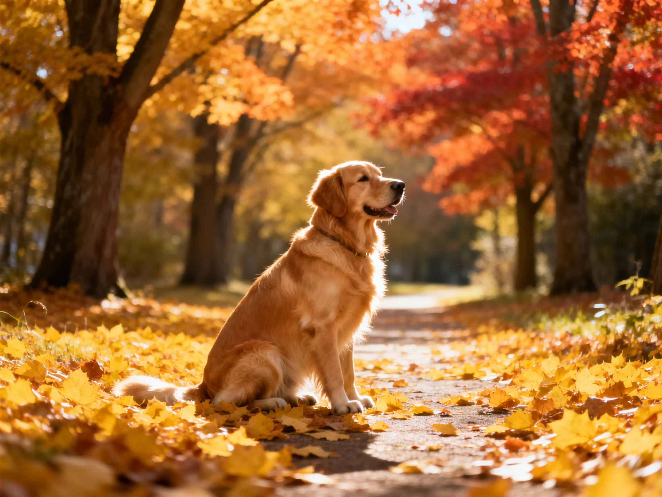 A golden retriever sits among autumn leaves on a sunlit park path with colorful fall trees.