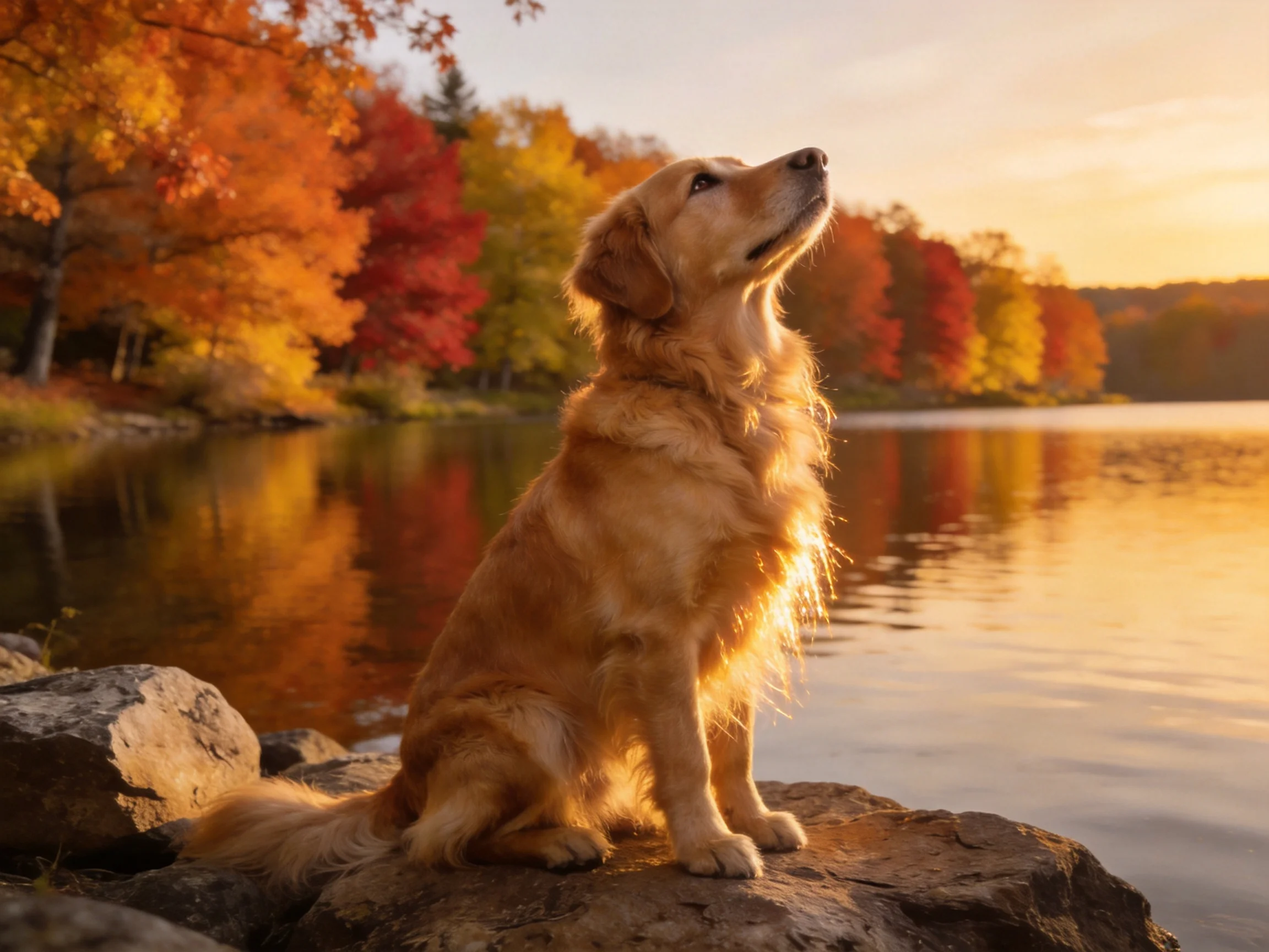 A golden retriever sits near a lake surrounded by colorful autumn trees.