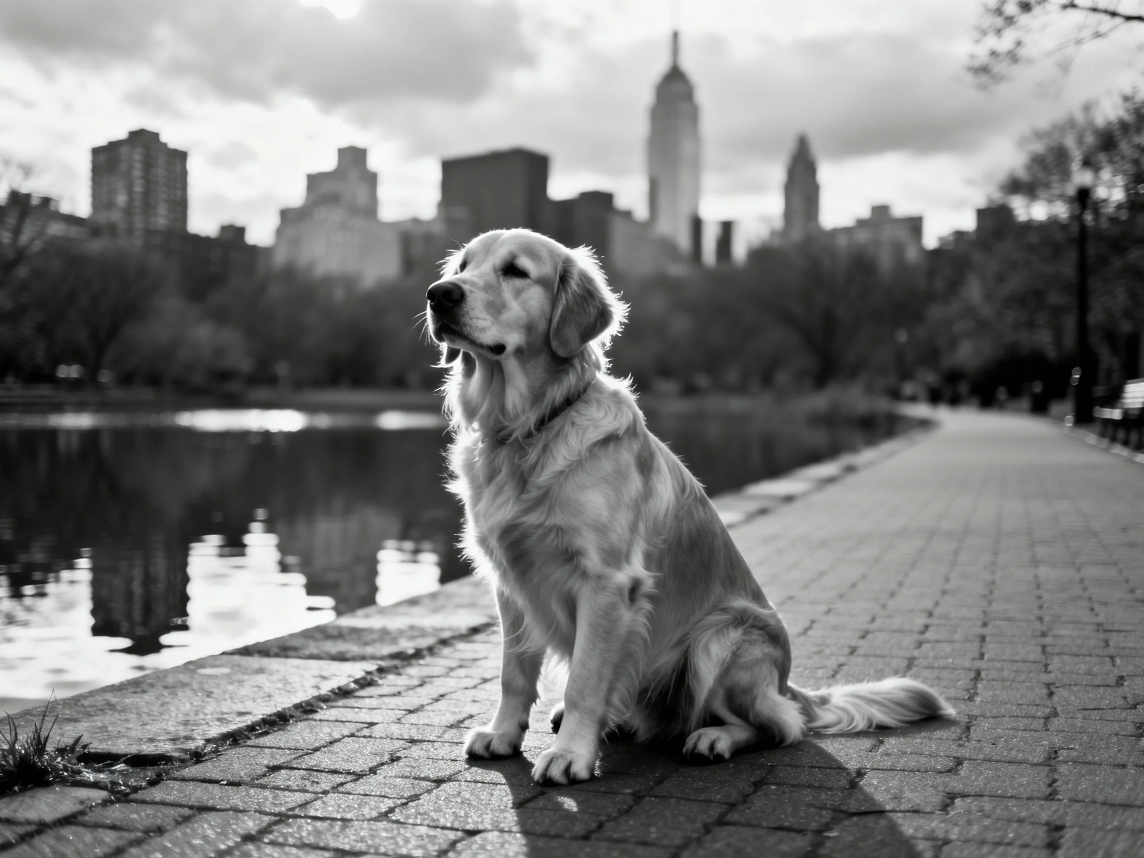 A golden retriever sits by a city lake with skyscrapers in the background.