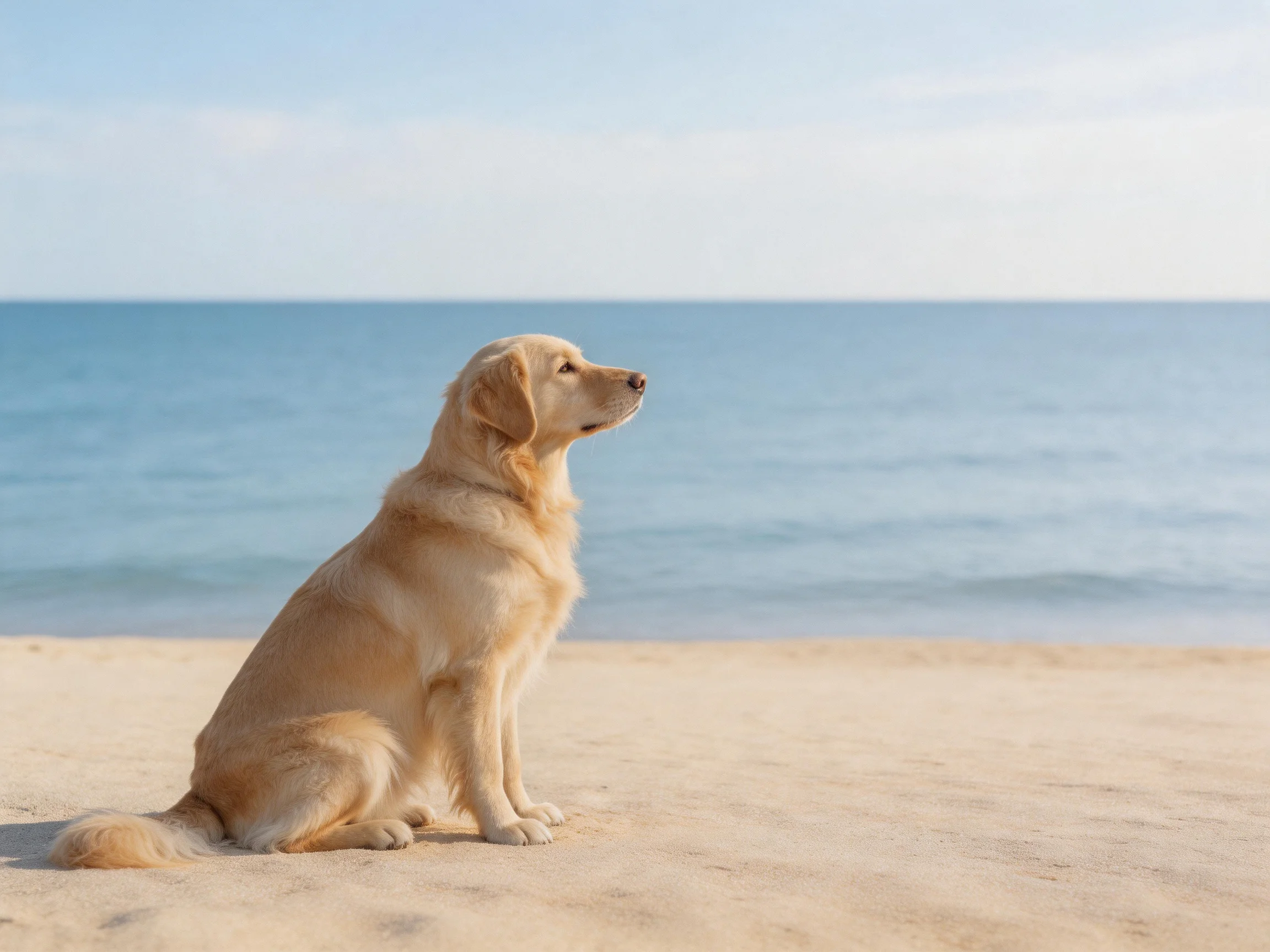 Golden retriever sitting calmly on sandy beach near tranquil blue ocean waters