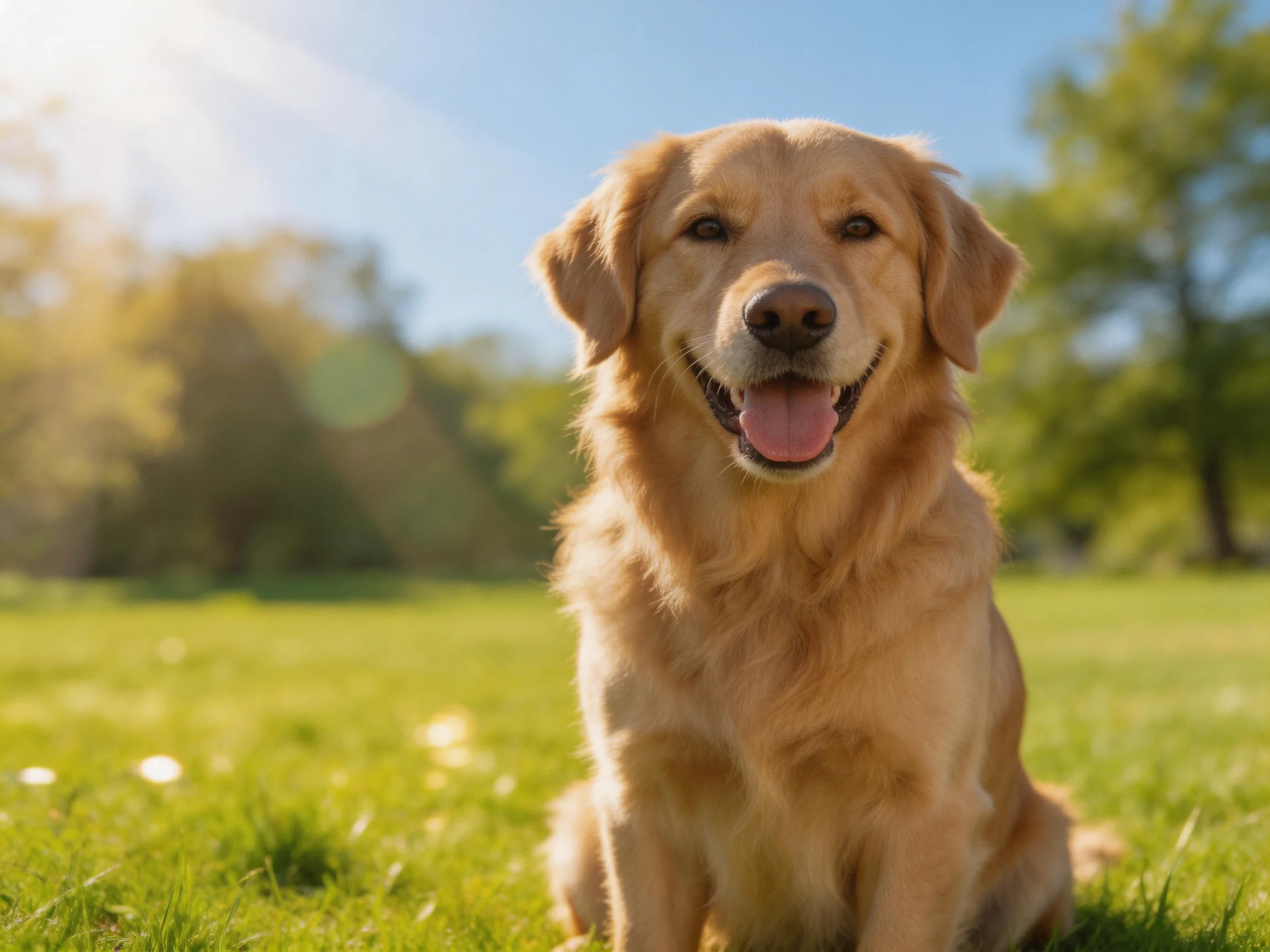 Golden retriever sitting contentedly on lush green grass in bright sunlight