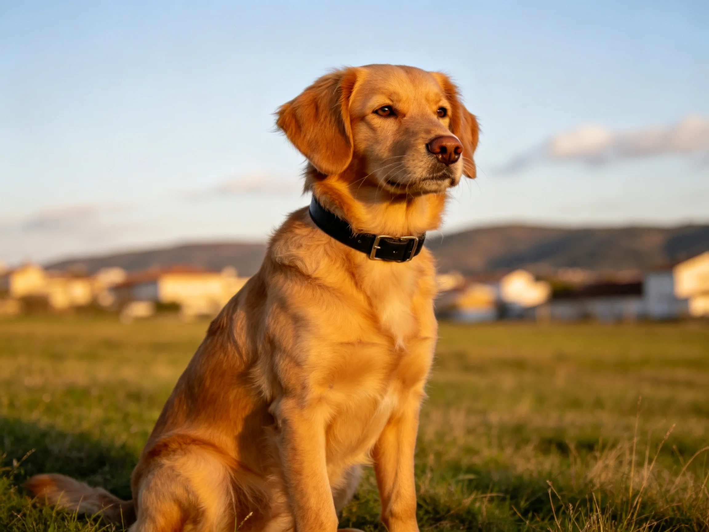 Golden retriever sitting in a sunlit grassy field with distant houses
