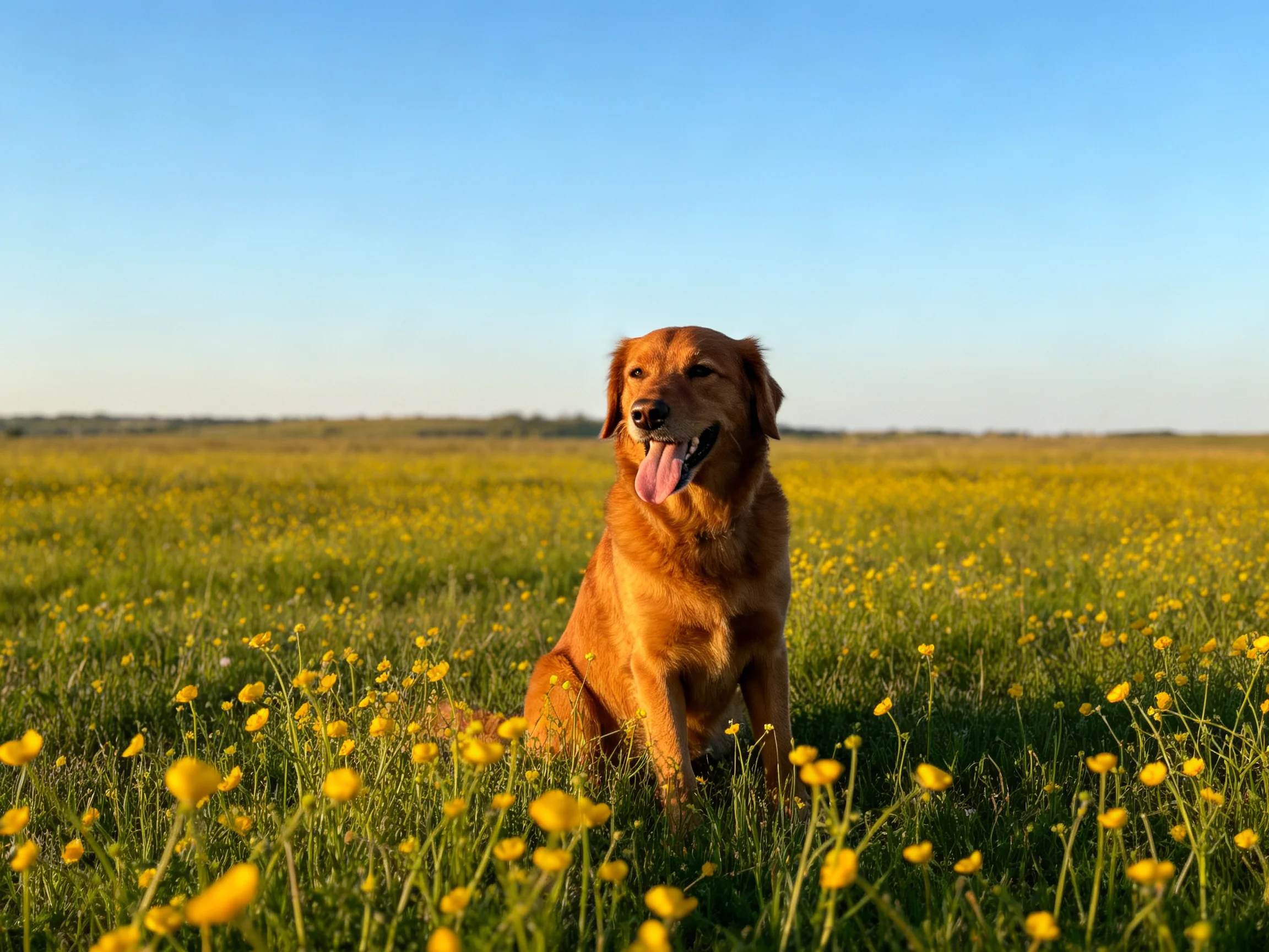 A golden retriever relaxes among yellow wildflowers in an open field.
