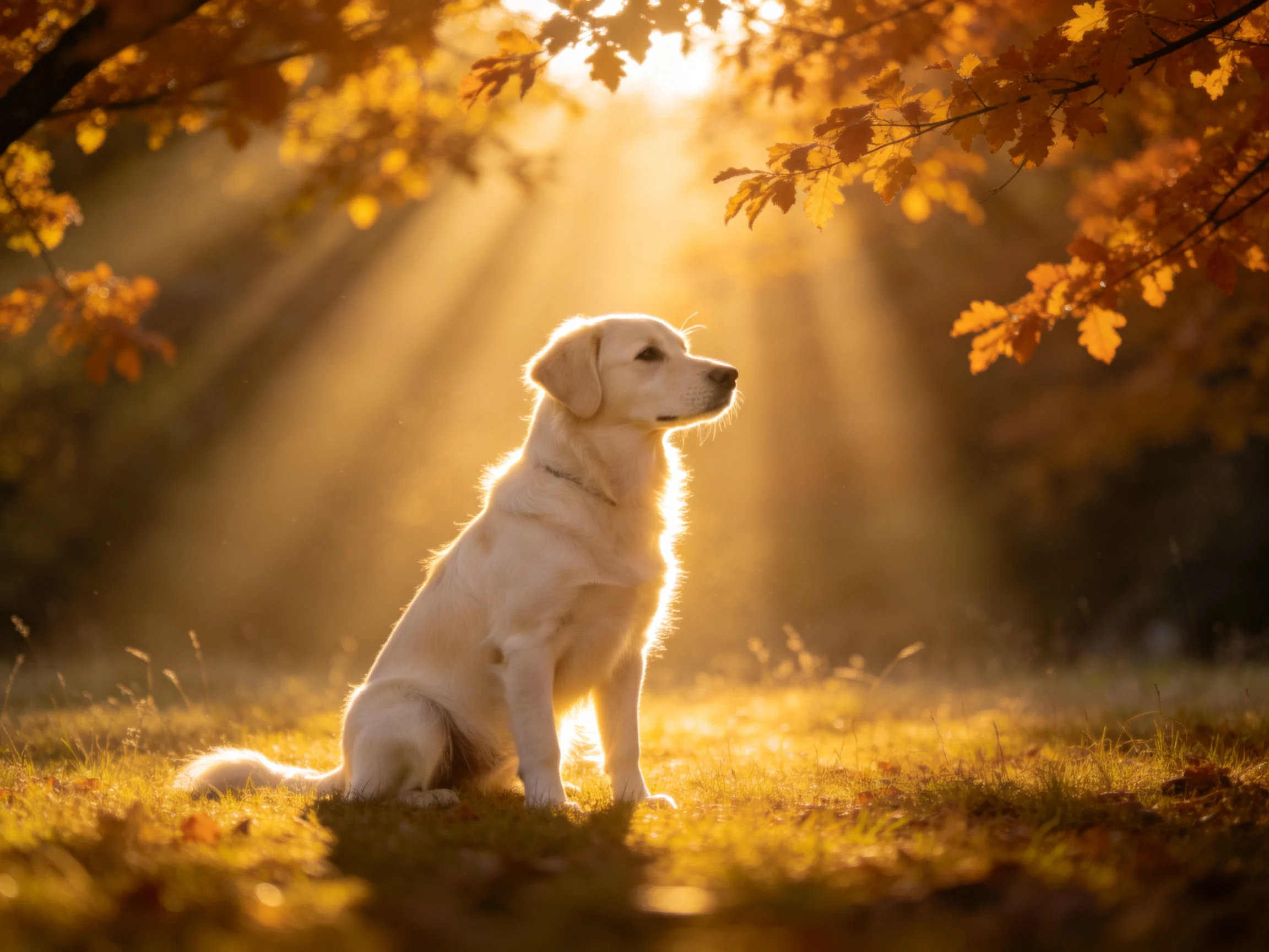Golden retriever sitting in autumn landscape with golden sunlight filtering through leaves