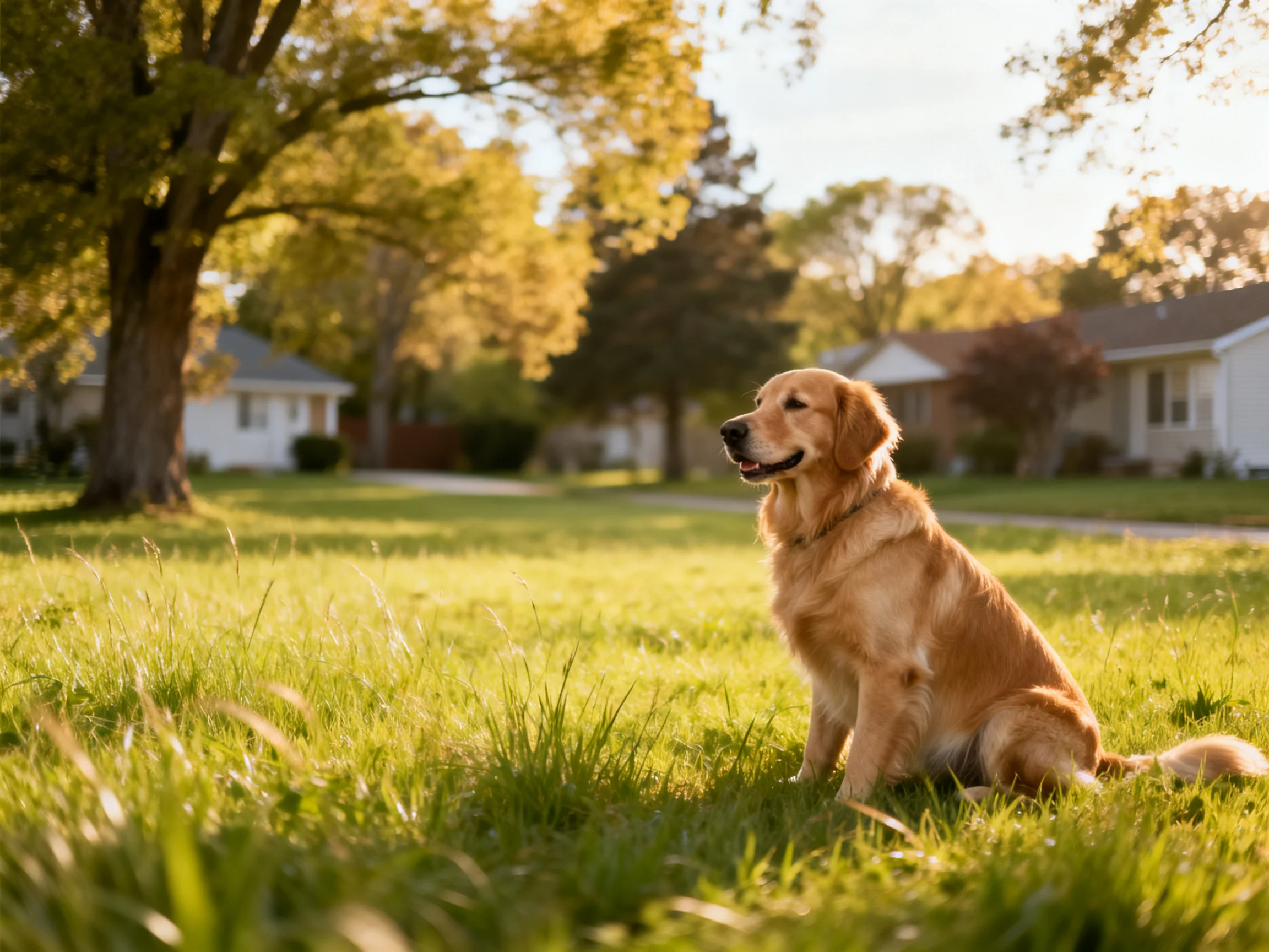 Golden retriever sitting in sunlit suburban lawn near houses