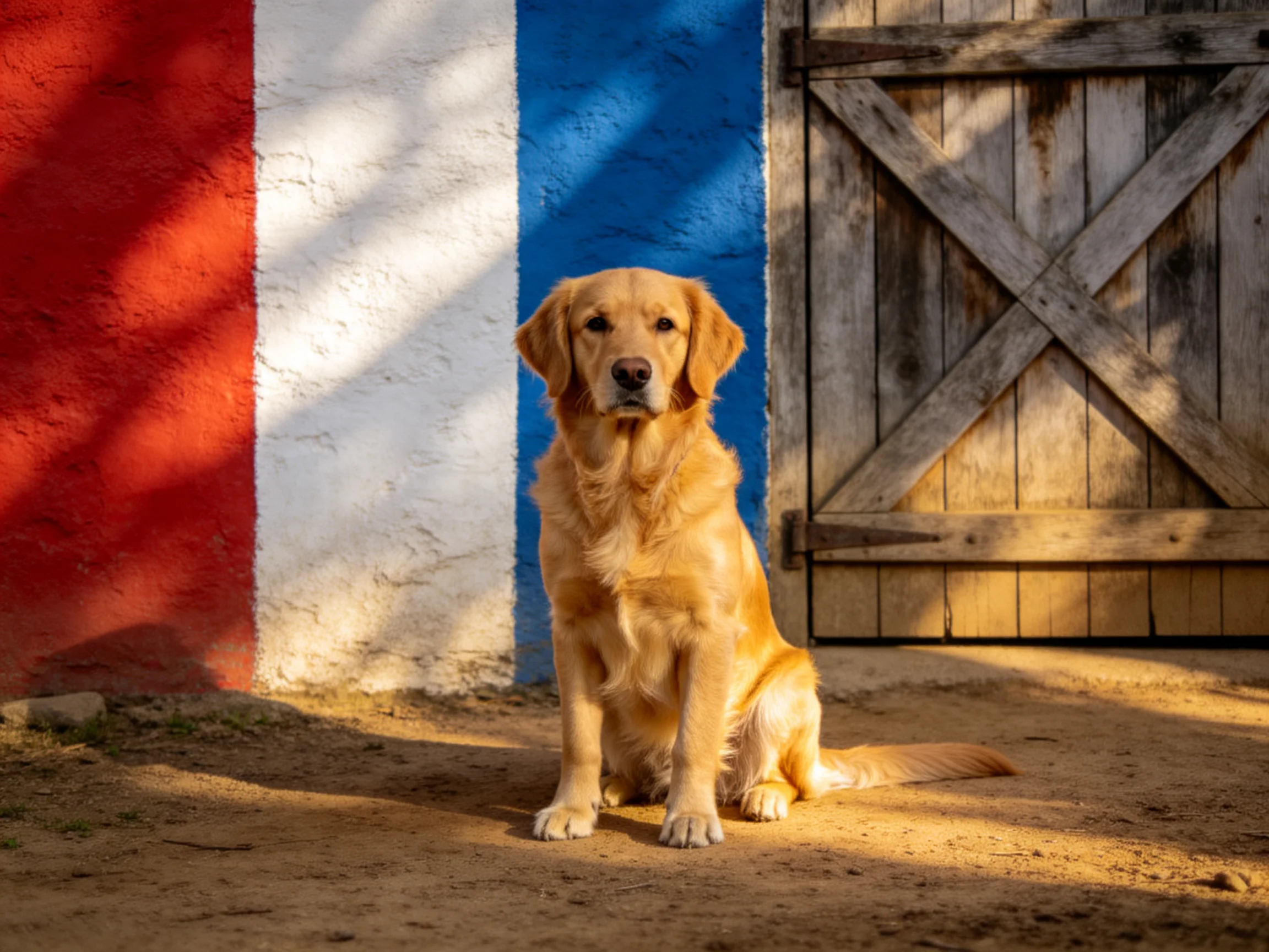 Golden retriever sitting near a tricolor wall and wooden barn door