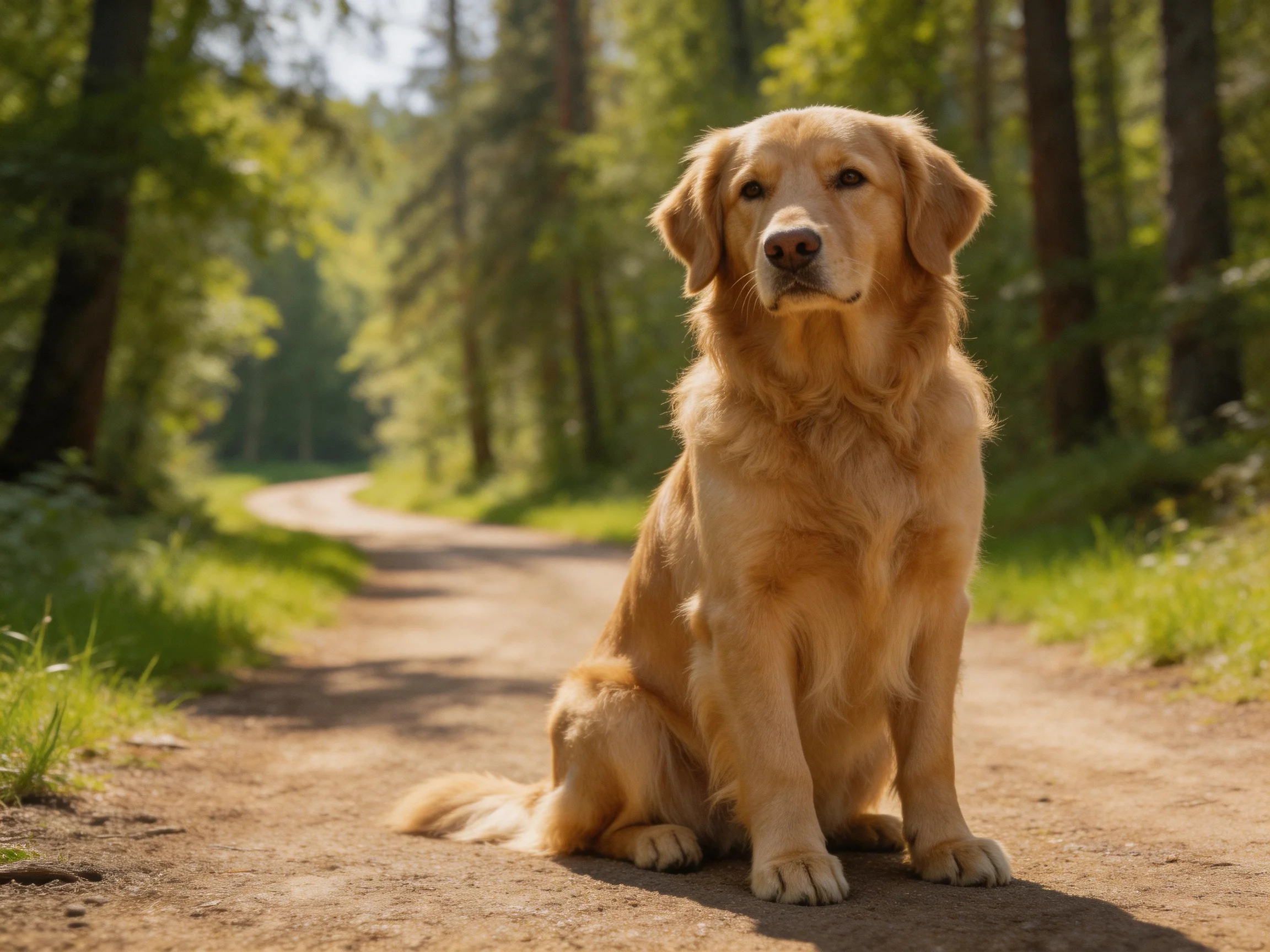 Golden retriever sitting on a sun-dappled forest dirt path