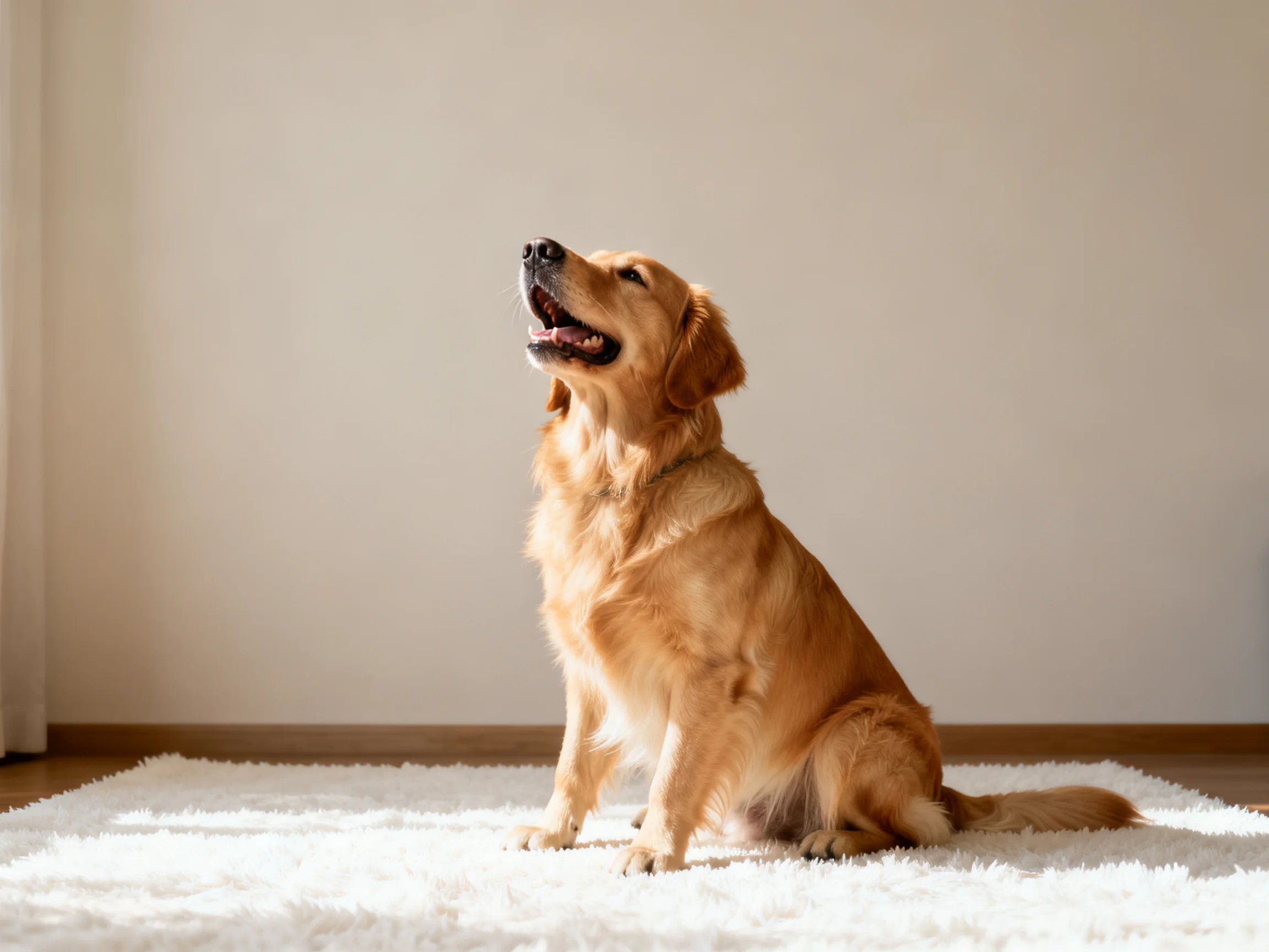 Golden retriever sitting on fluffy white rug in a bright room
