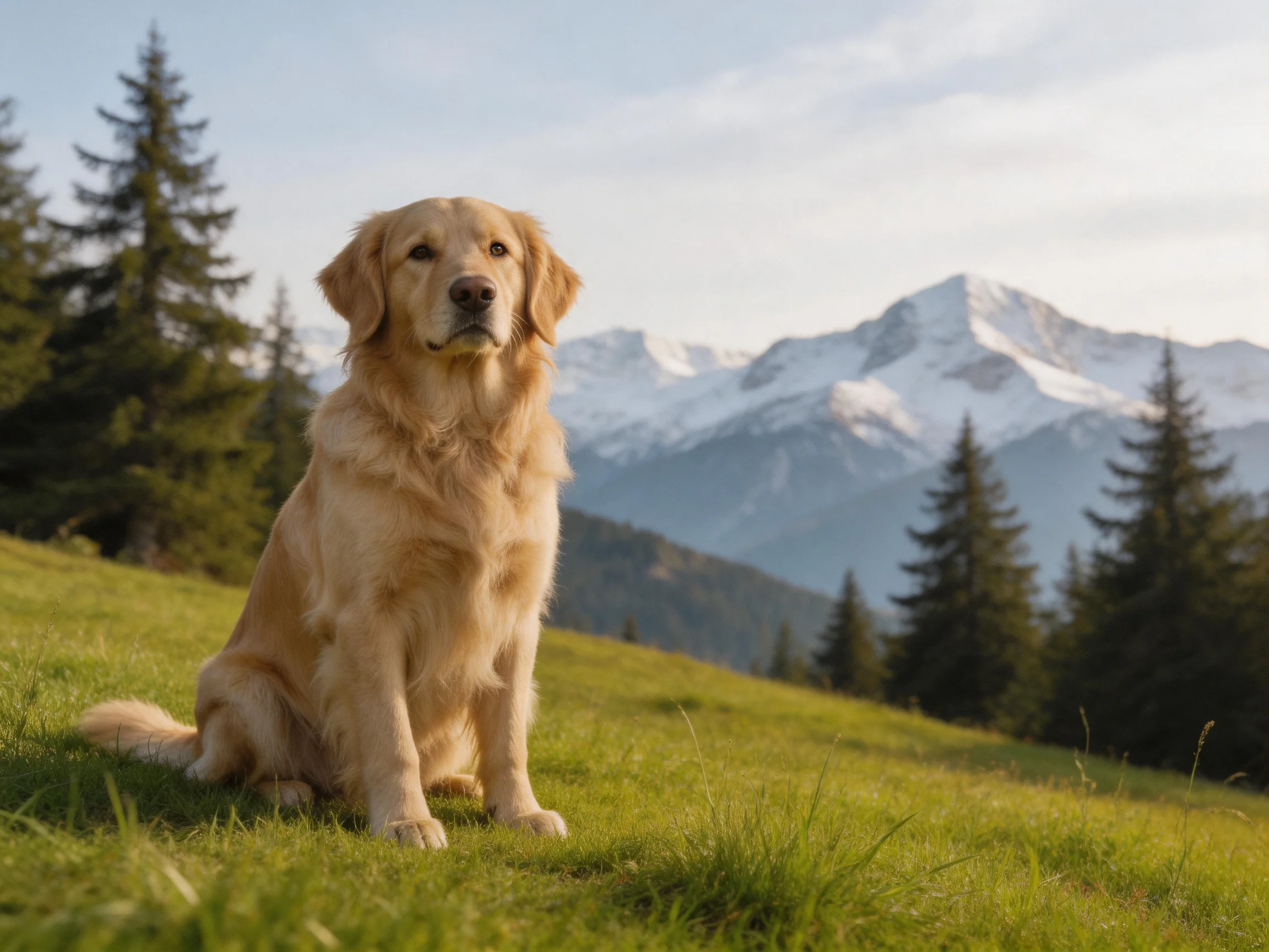 A golden retriever sits calmly on a grassy hillside with snow-covered mountains in the background.