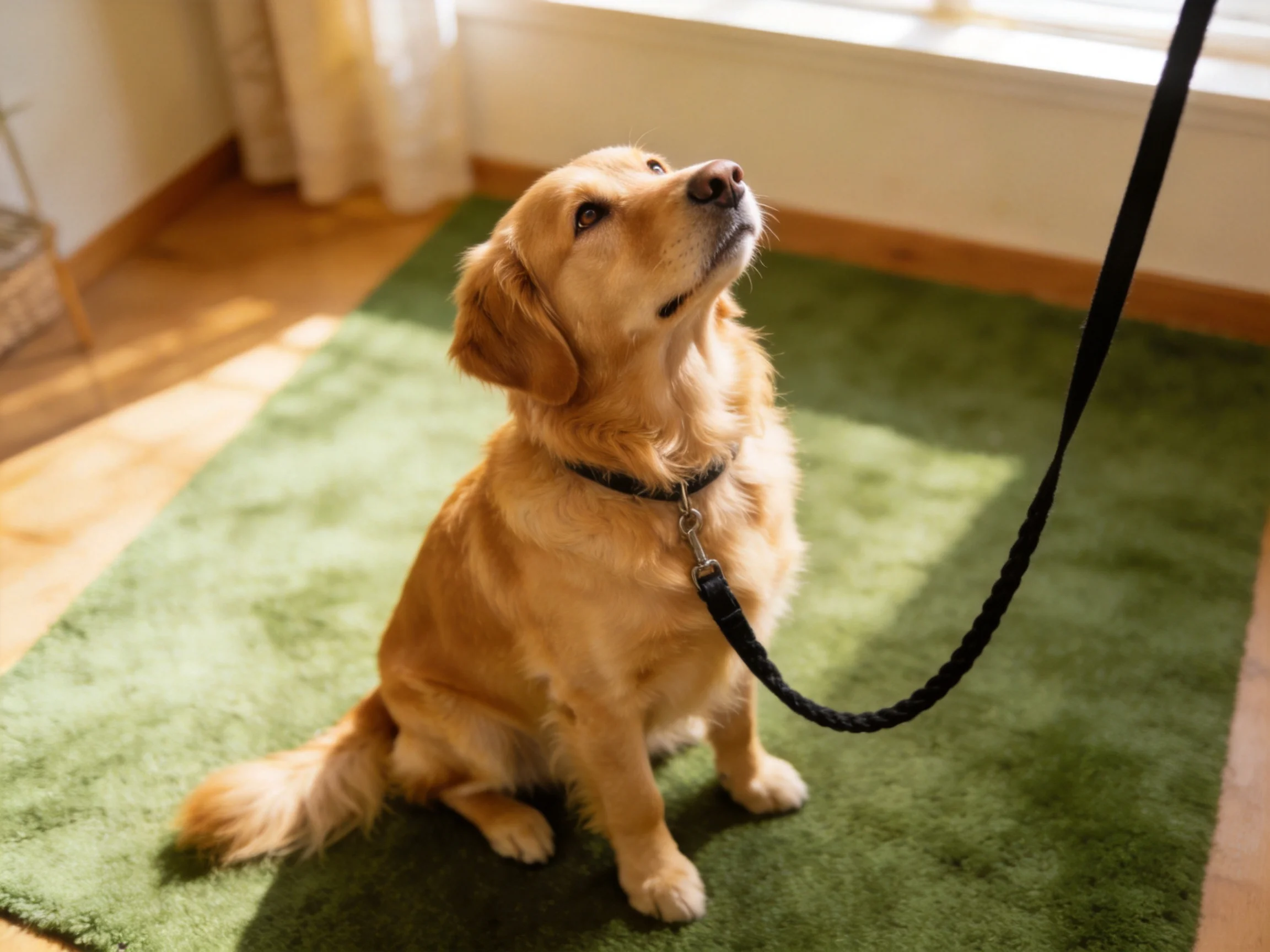 A golden retriever sits indoors near a black leash.