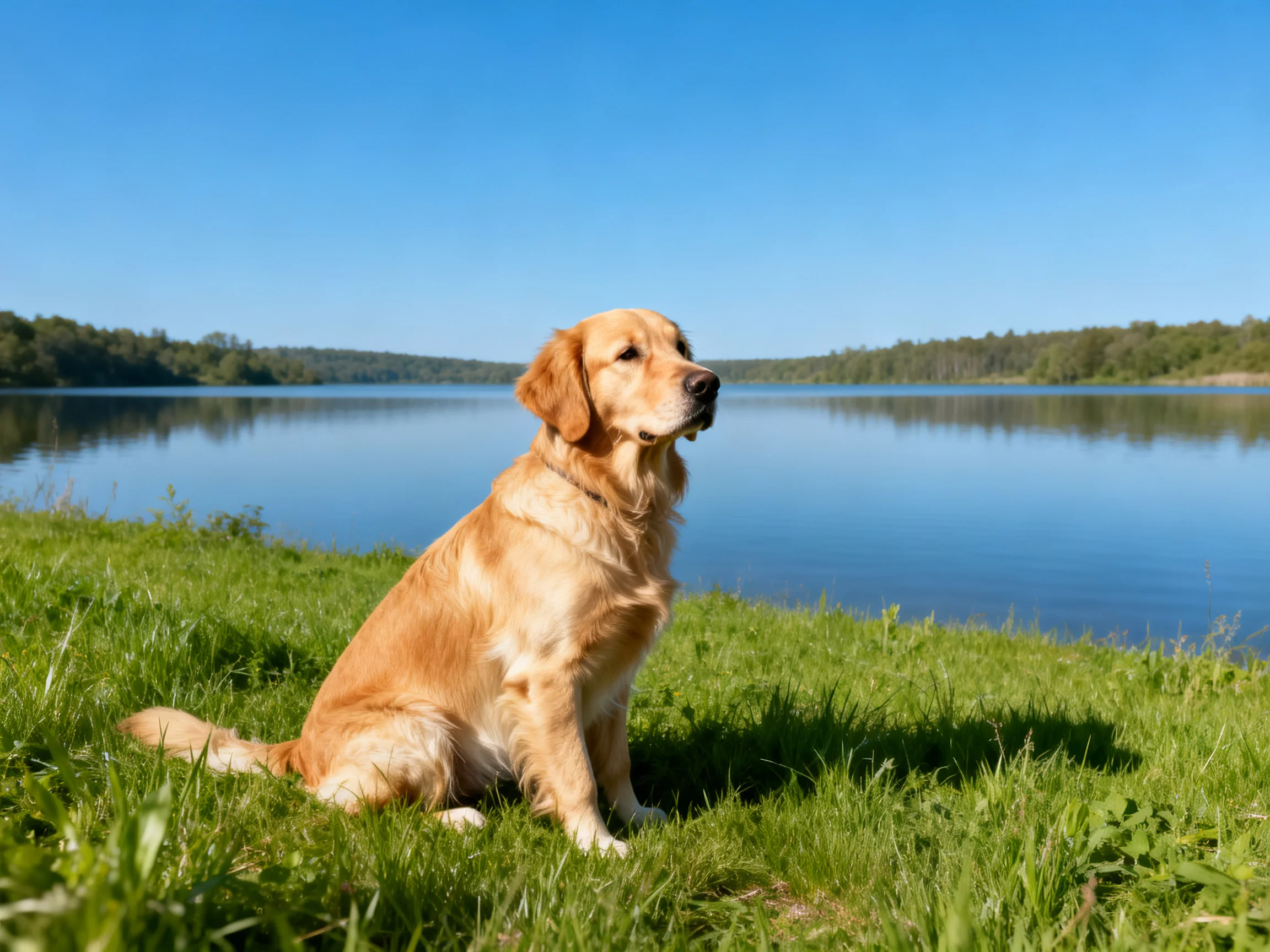 A golden retriever sits calmly on grass beside a serene blue lake.