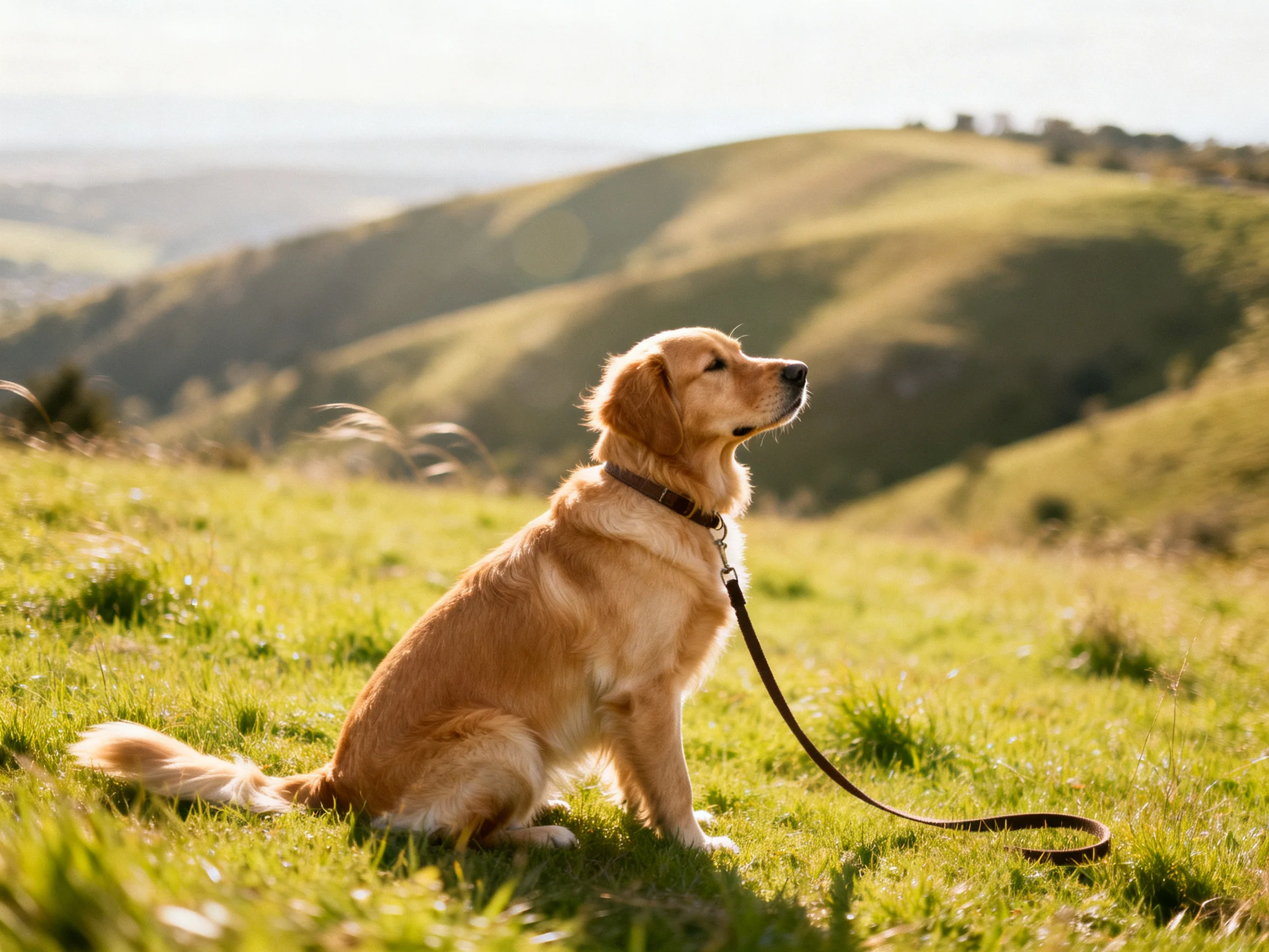 A golden retriever sits calmly on a grassy hill with rolling green hills in the background.
