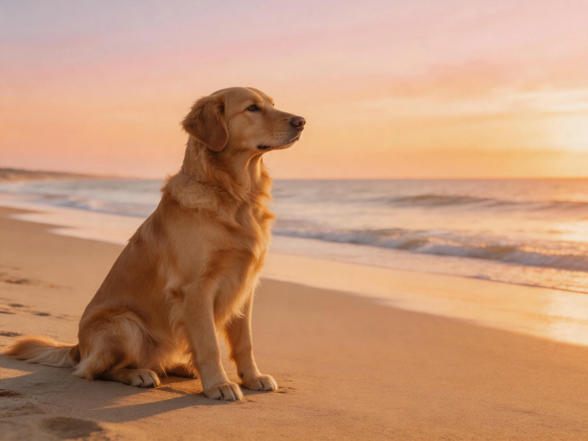 A golden retriever sits on a sandy beach near the ocean at sunset.