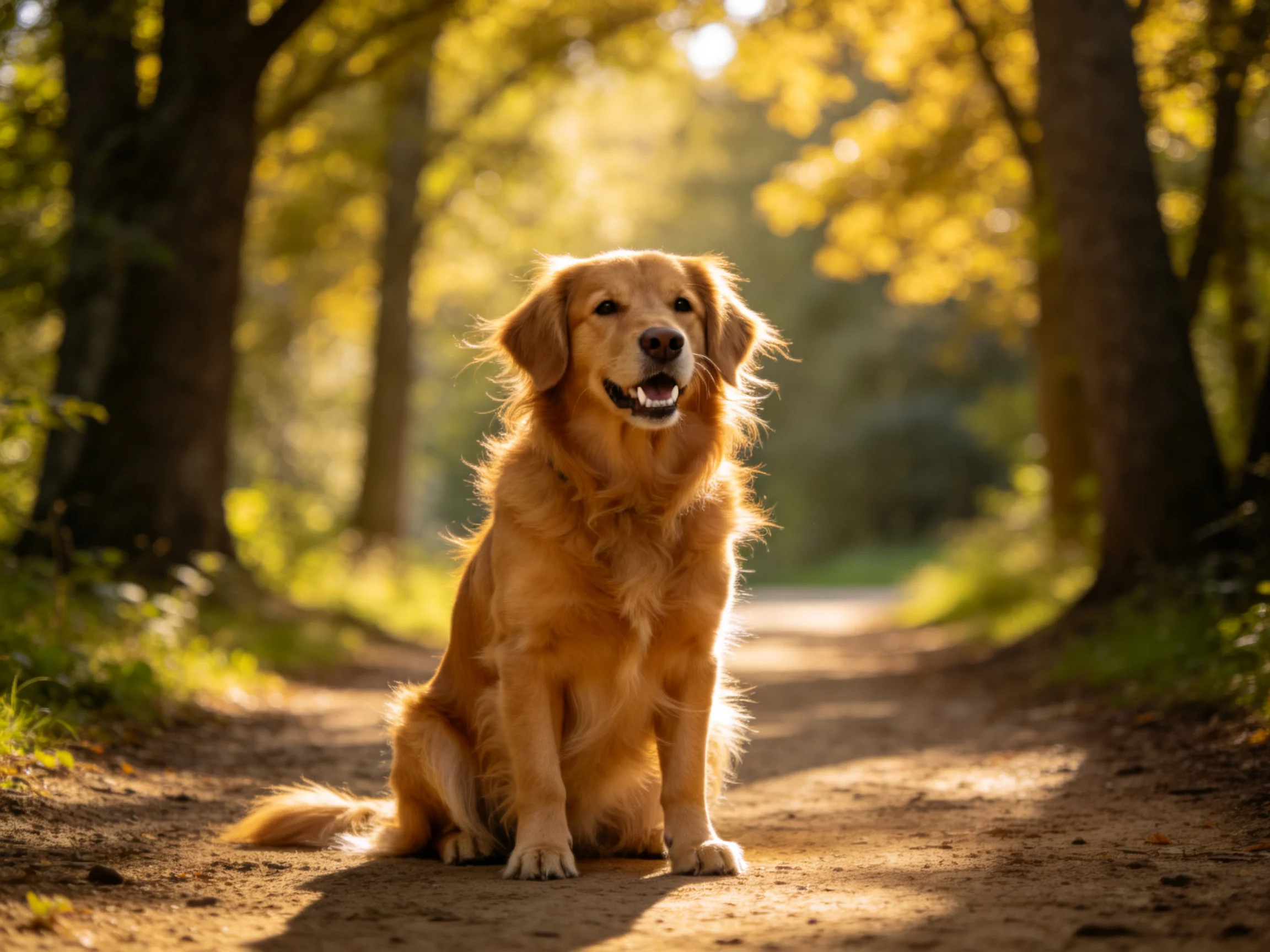 Golden retriever sitting on sunlit forest path between tall trees