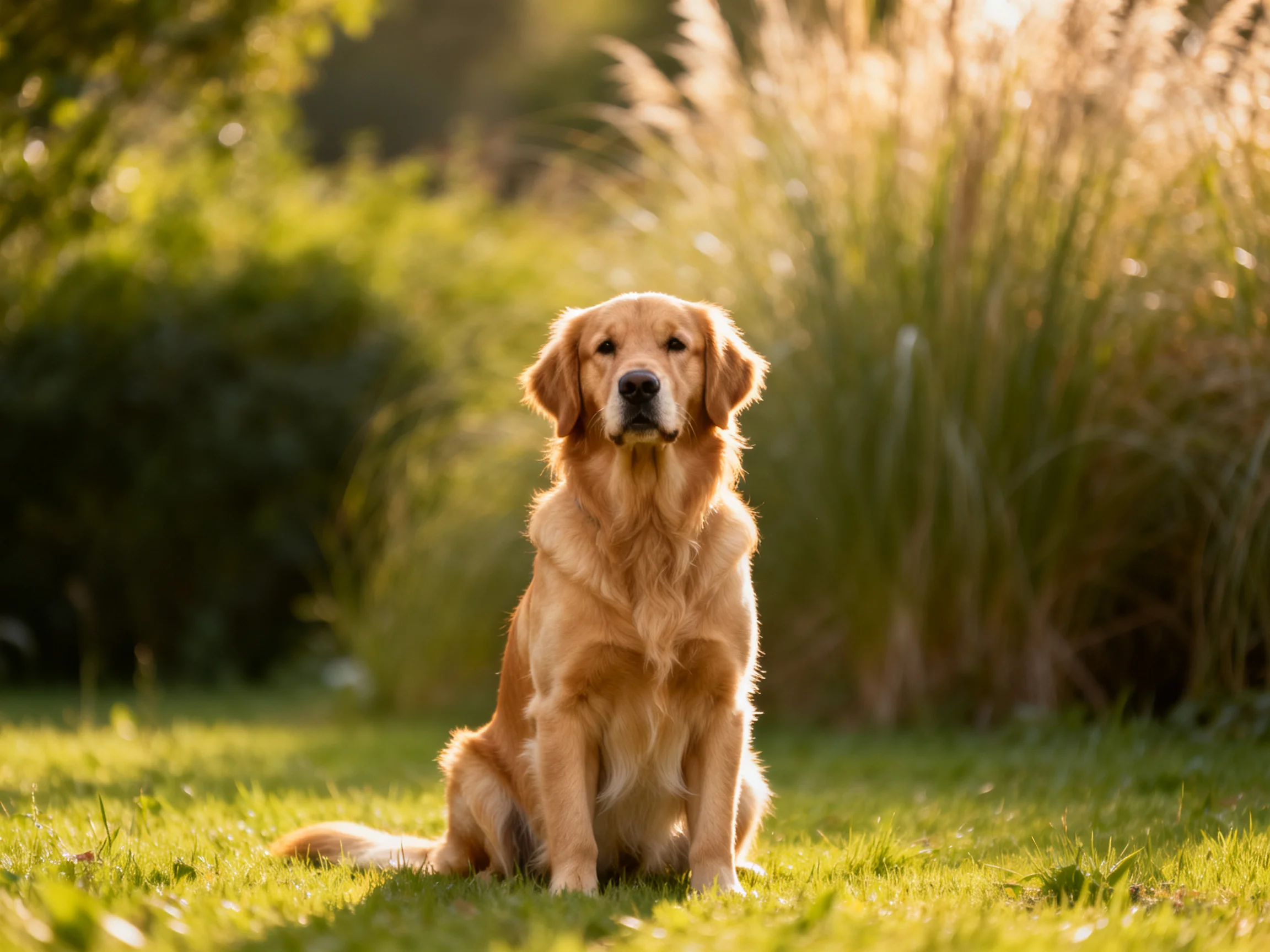 Golden retriever sits on grass in a sunlit outdoor setting.