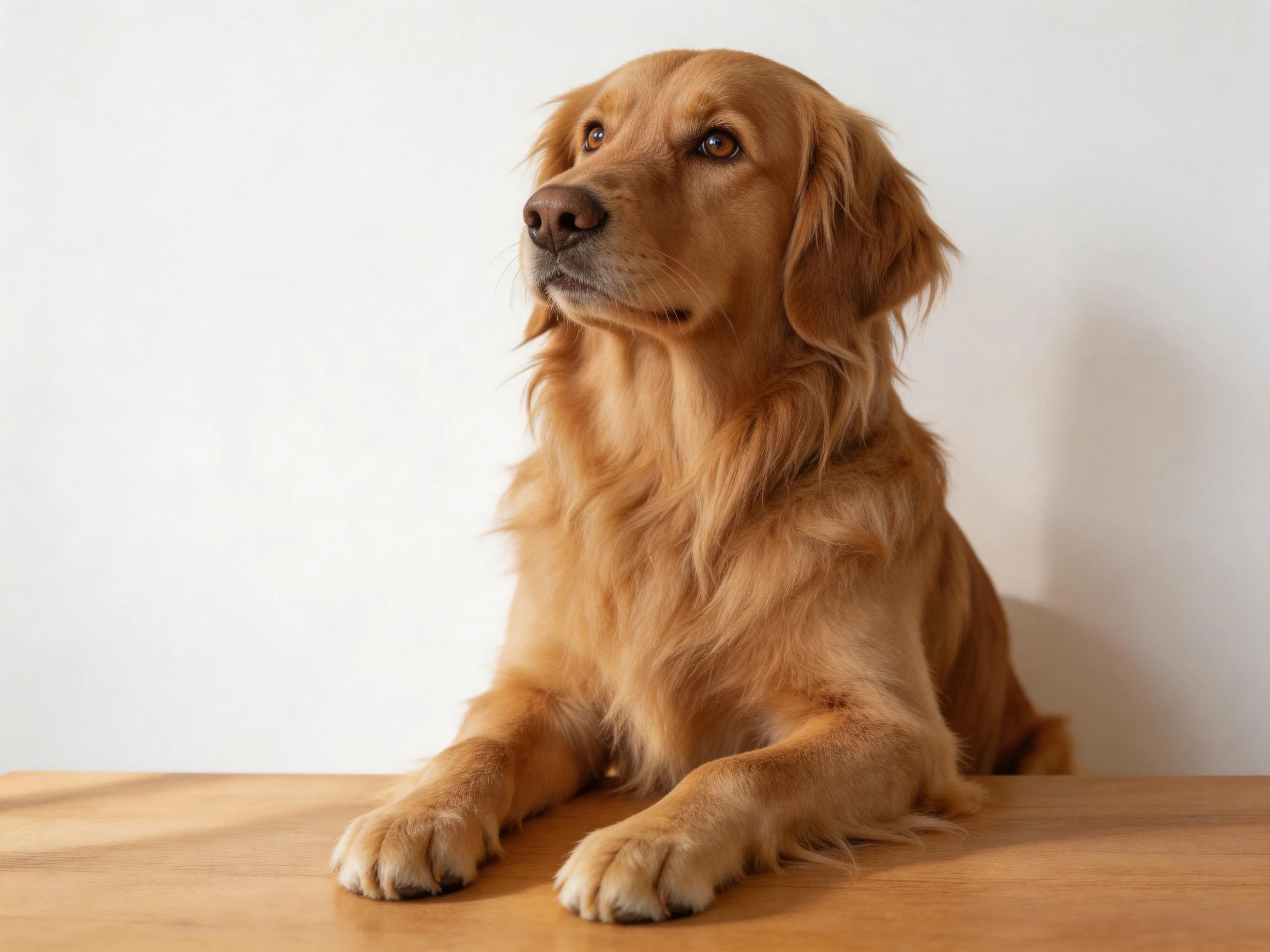 Golden retriever sits calmly on wooden table.