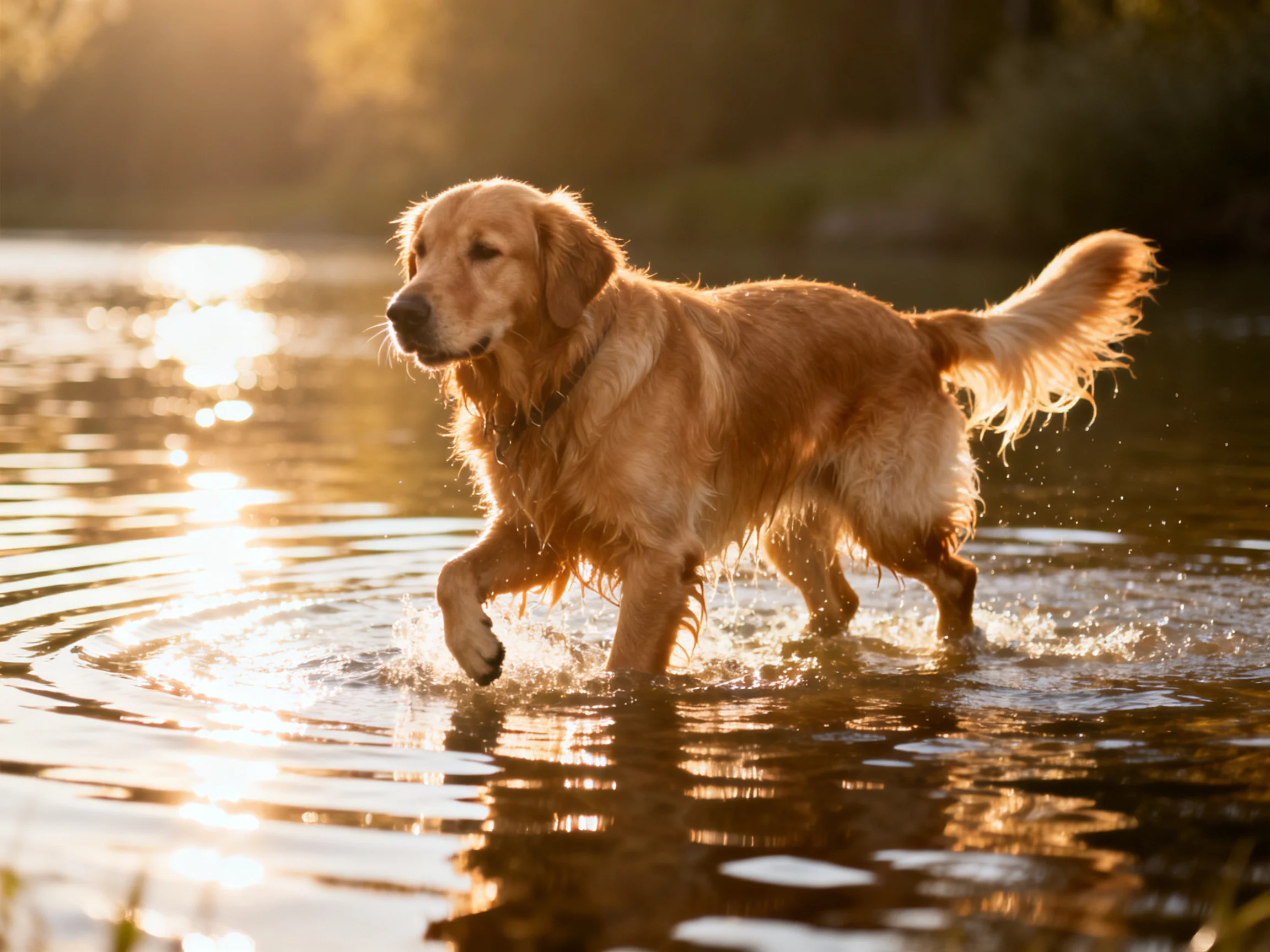 A golden retriever moves through shallow water lit by warm sunlight.