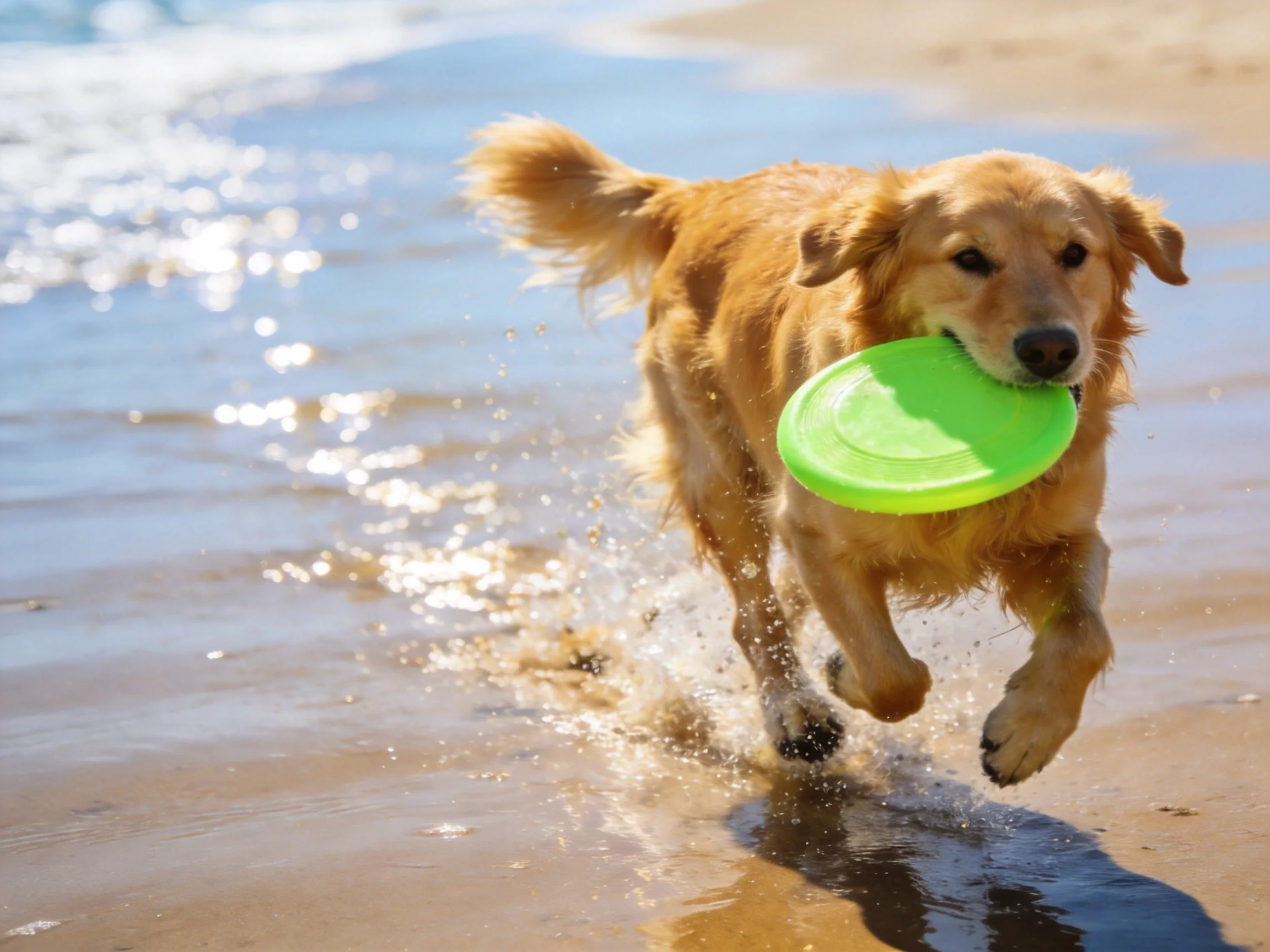 Golden retriever sprinting with neon green frisbee on wet sand