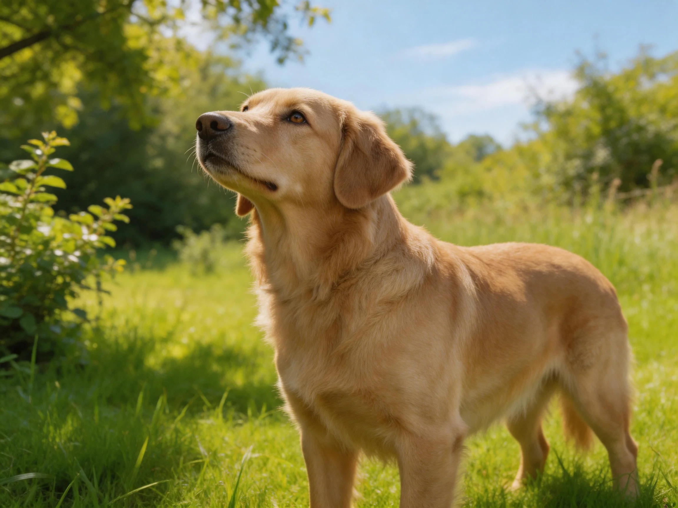 Golden retriever standing alert in sun-drenched green meadow