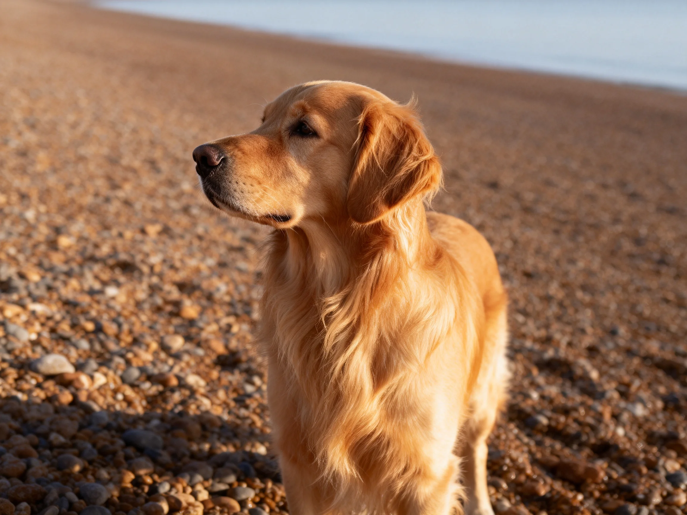 Golden retriever standing on a pebbly shore with expansive beach backdrop