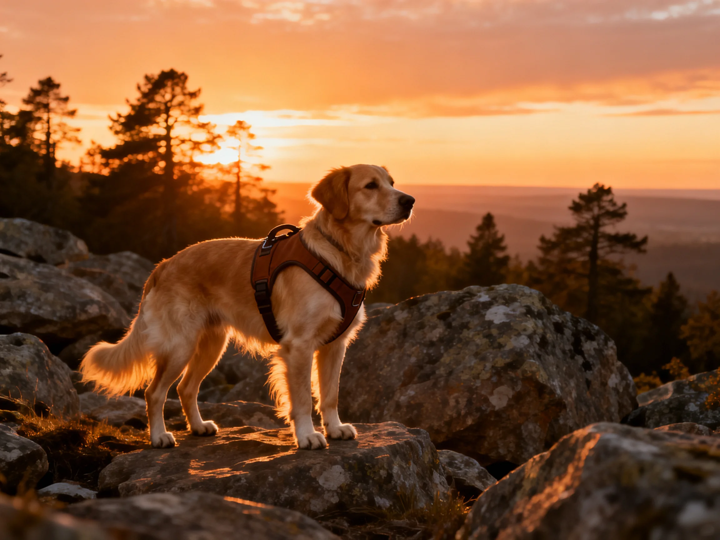Golden retriever standing on rocky terrain during vibrant sunset
