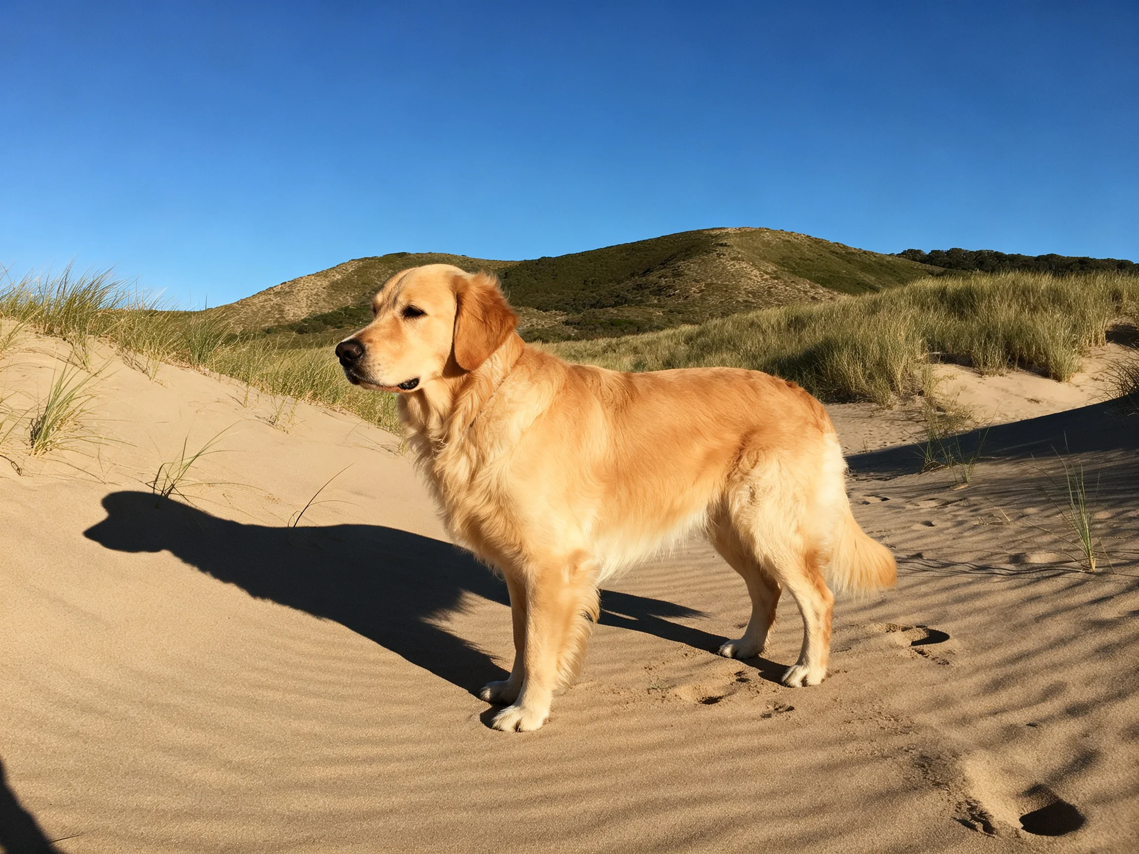 Golden retriever standing on sandy dunes under clear blue sky