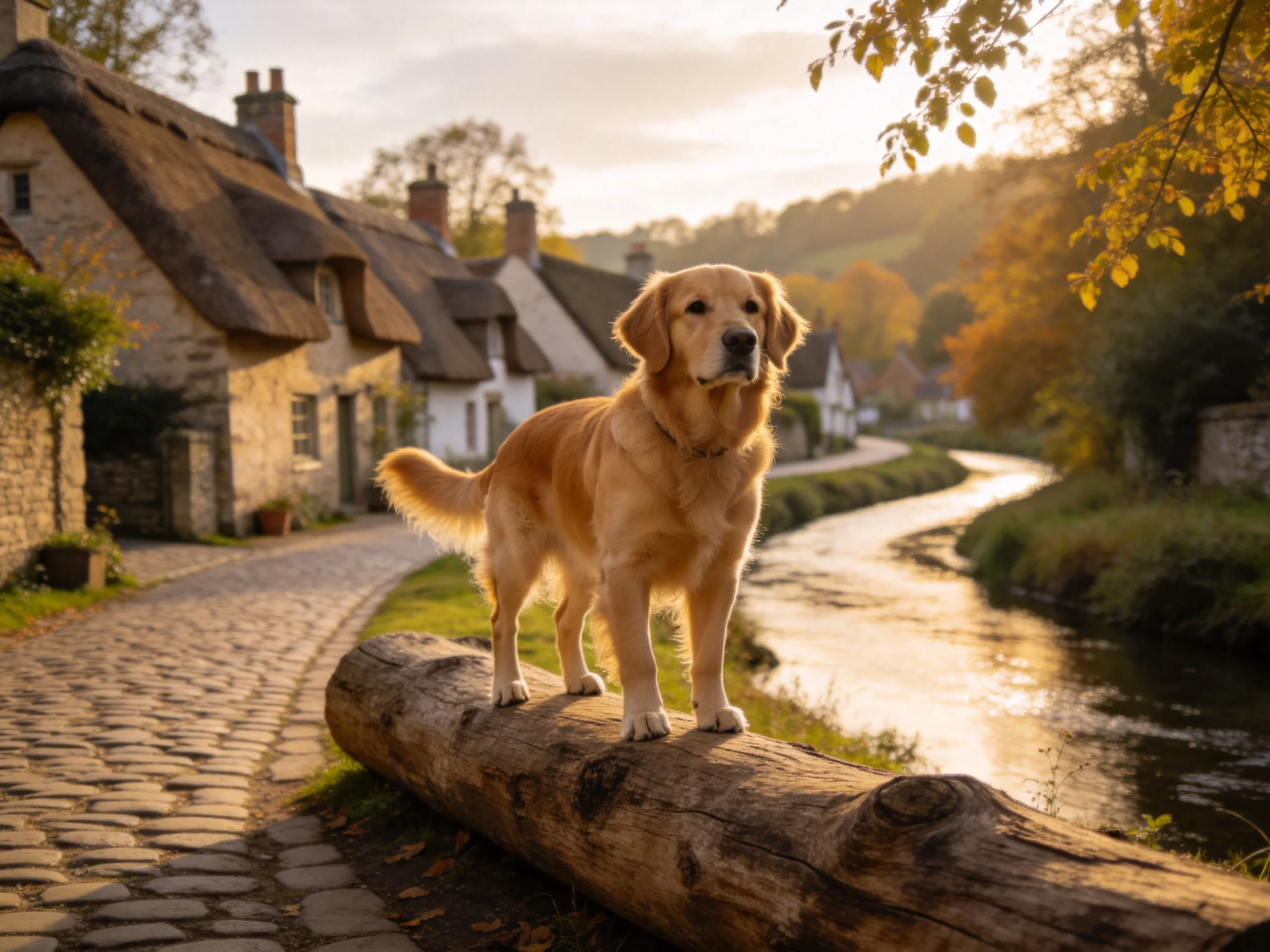 Golden retriever stands on a log near a quaint village stream