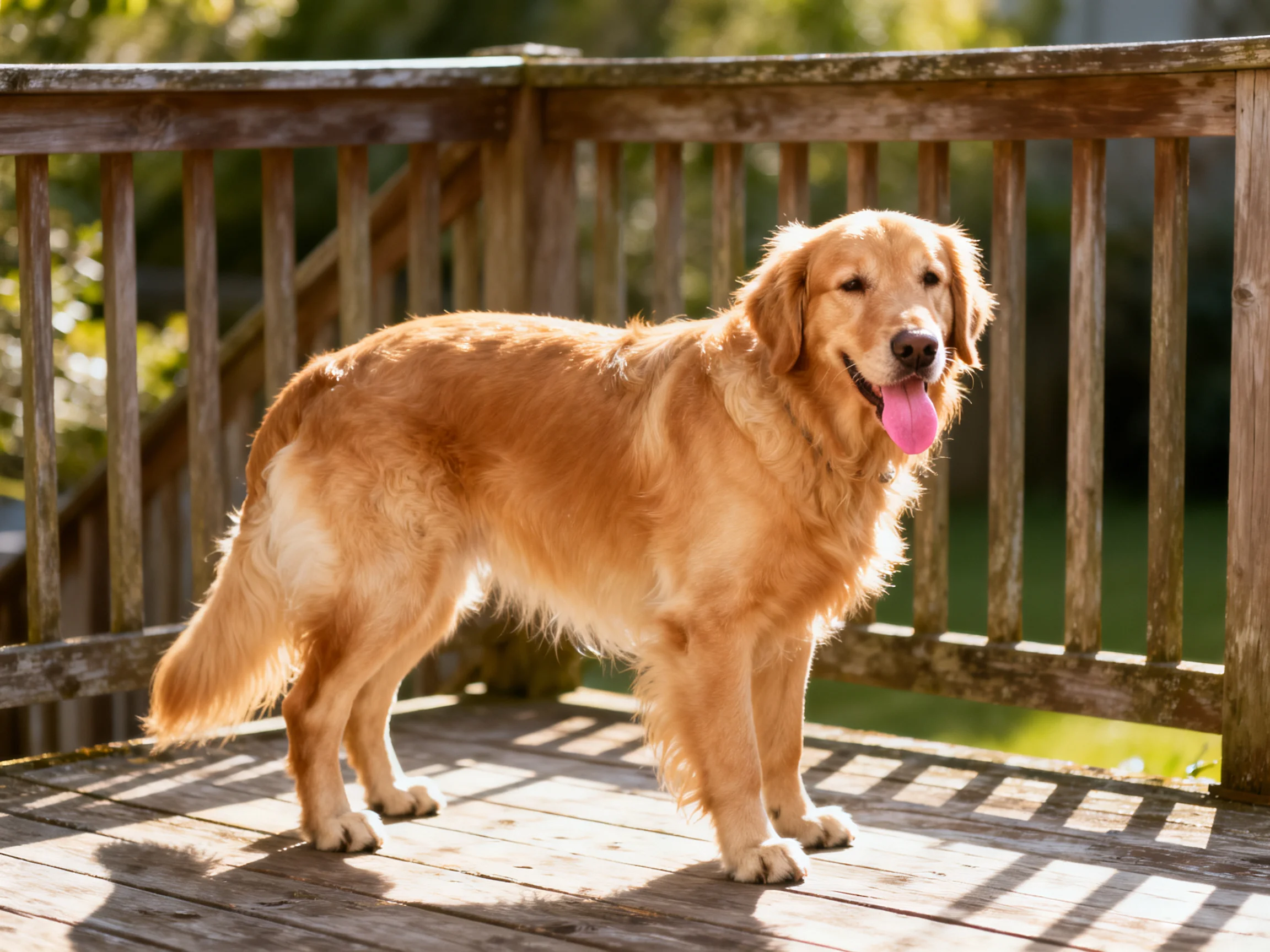 Golden retriever stands on sunlit wooden deck near wooden railing