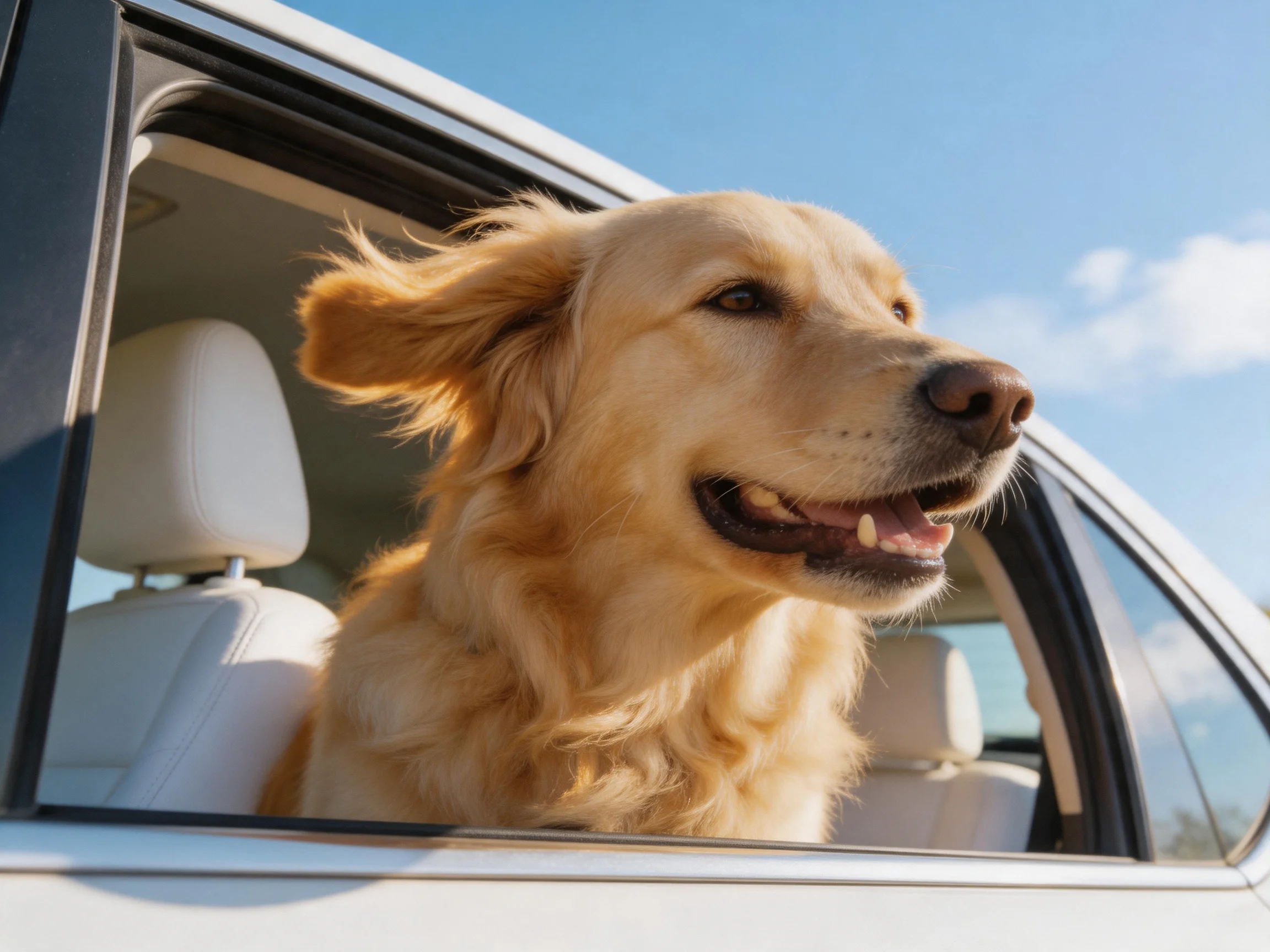 Golden retriever sticking head out of car window on sunny day
