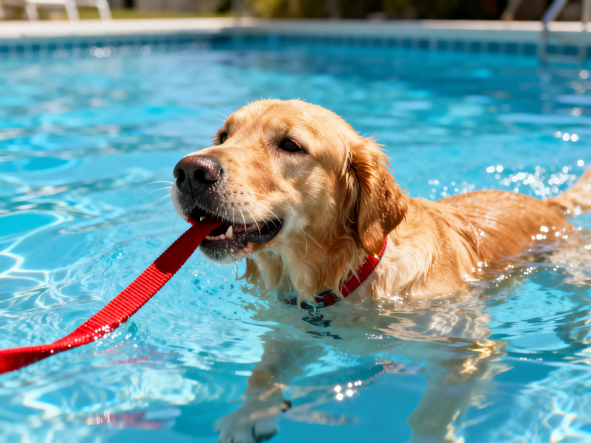 Golden retriever swimming in a bright blue pool with a red leash