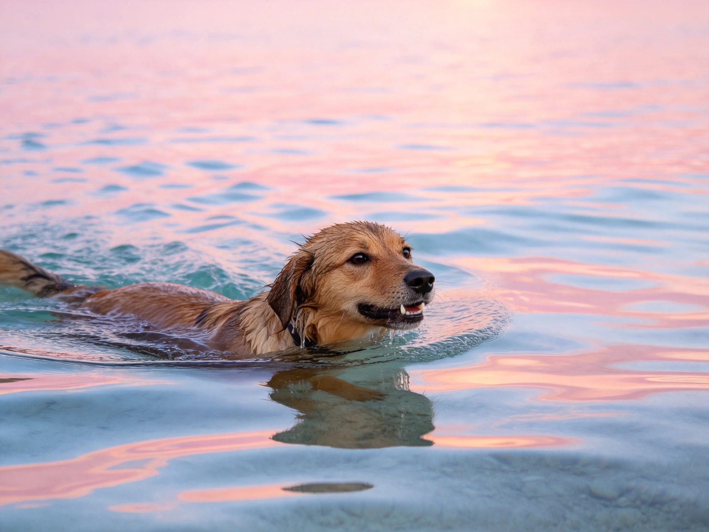 Golden retriever swimming in calm waters reflecting pink sunset