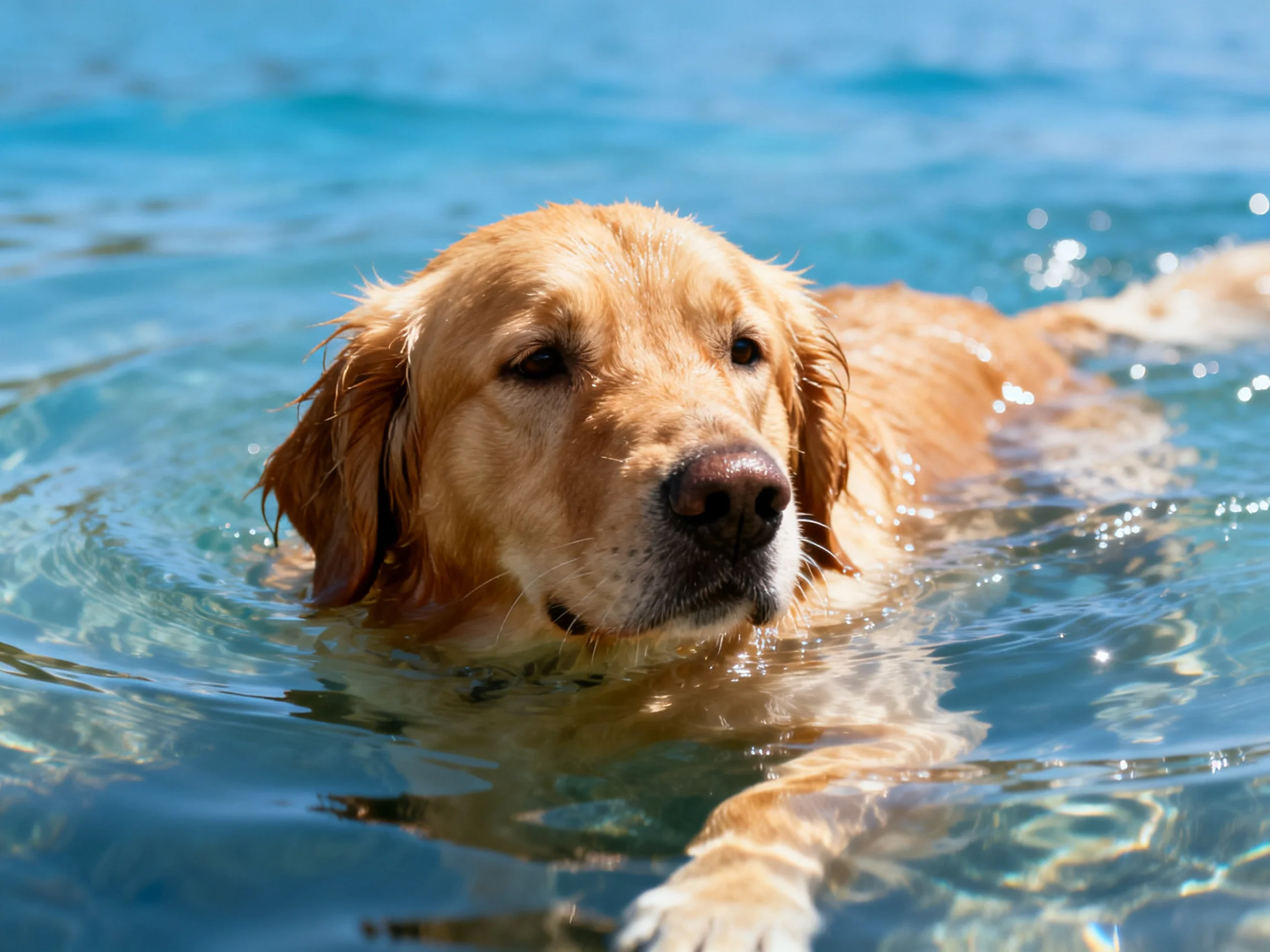 Golden retriever swimming in clear blue water on a sunny day
