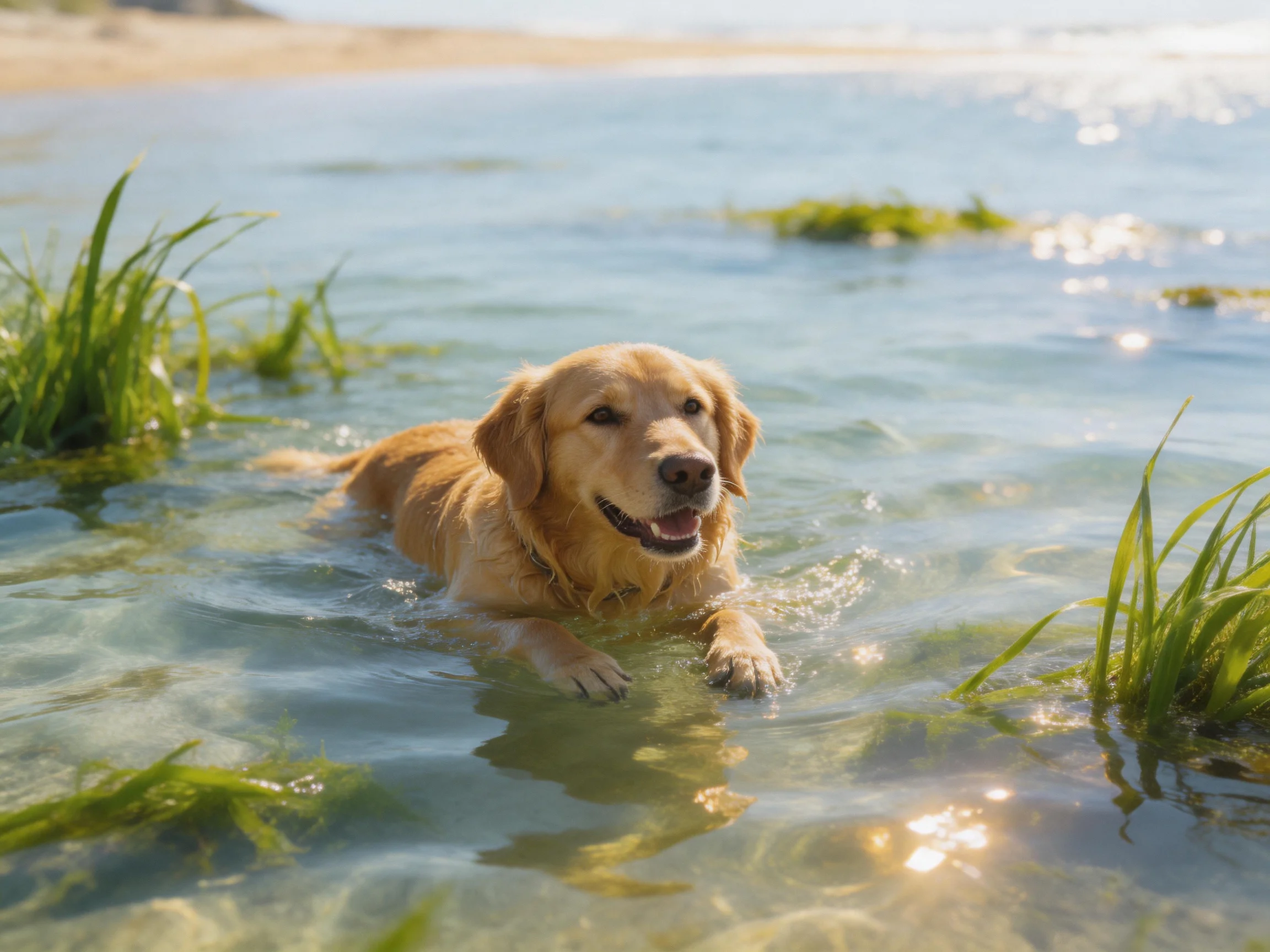 Golden retriever swimming in shallow, clear water near green aquatic plants